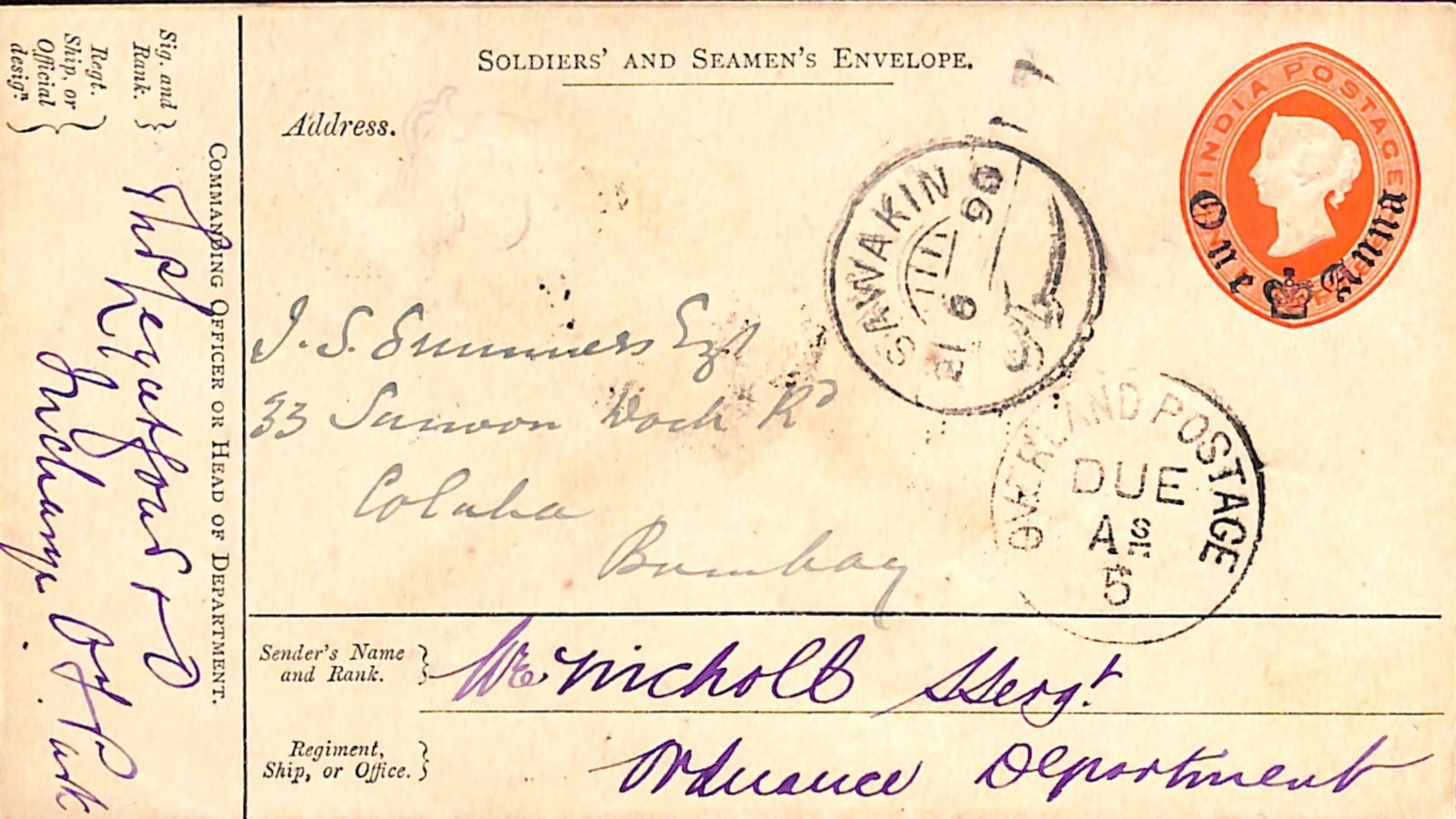 Sudan / India 1896: Title: Sudan / India 1896 Description: India 1a soldiers and seamans postal stationery envelope written by Staff Sergt William Nicholl, Ordnance Dept., sent from Suakin to Bombay but p
