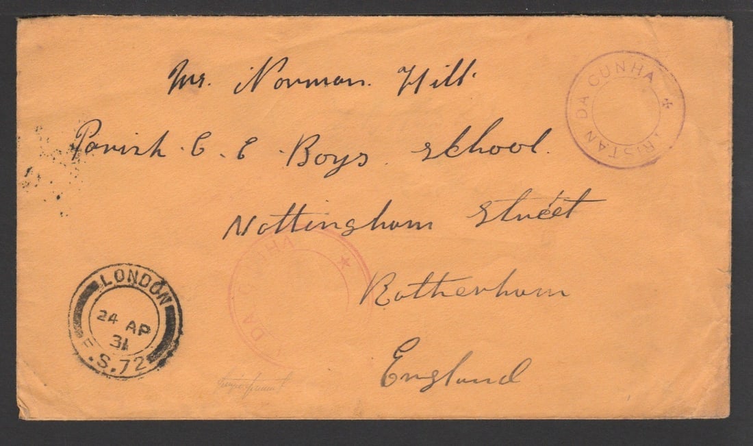 Tristan Da Cunha 1931: Title: Tristan Da Cunha 1931 Description: StamplessÊ cover to England with the scarce type IV Tristan cachet in red on both the front and reverse of the cover and the type V Tristan cachet