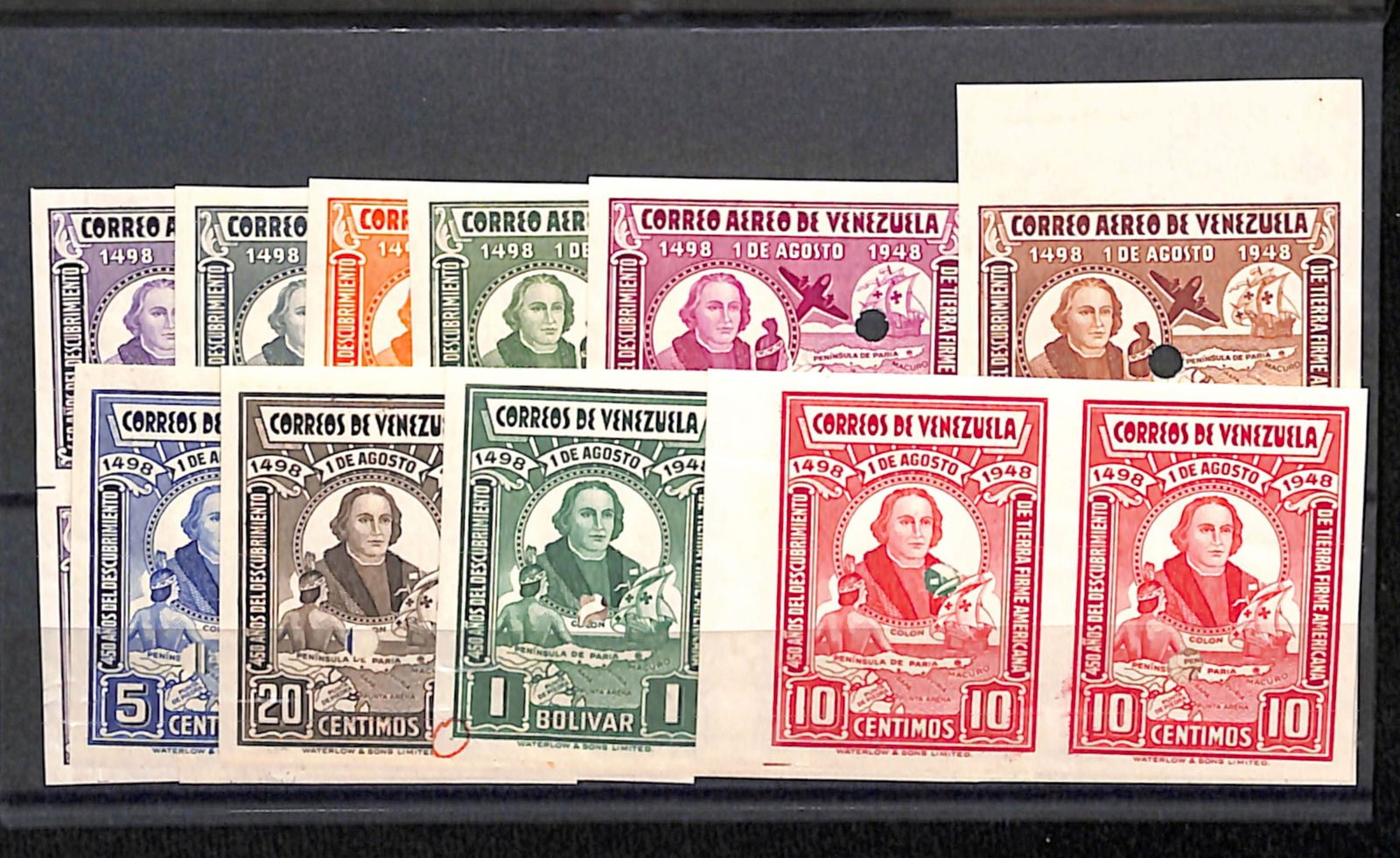 Venezuela 1949: Title: Venezuela 1949 Description: 450th Anniversary of Columbus Discovering Mainland America set - Waterlow imperforate file copy Proof pairs with punch holes. Delivery option: Collection