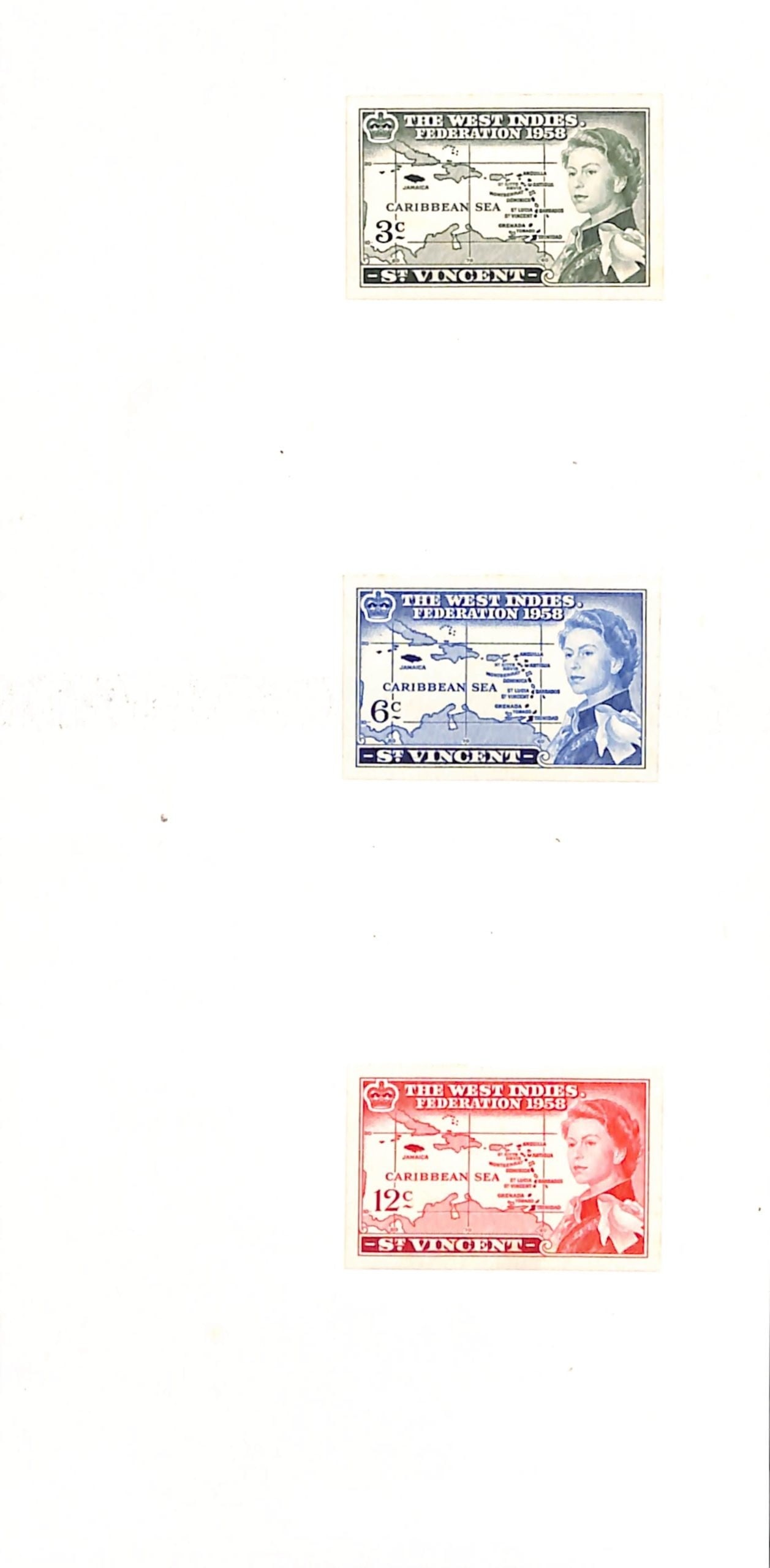 St Vincent 1958: Title: St Vincent 1958 Description: nauguration of British Caribbean Federation, imperforate proofs of the set of three in the issued colours affixed to part archive page, fine and scarce. 