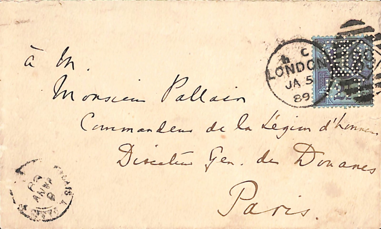 G.B. - Officials 1889: Title: G.B. - Officials 1889 Description: Cover with Board of Trade crest on the reverse sent from London to Paris franked by 1887 2.1/2d with "(crown)/B.T" official perfin cancelled by London