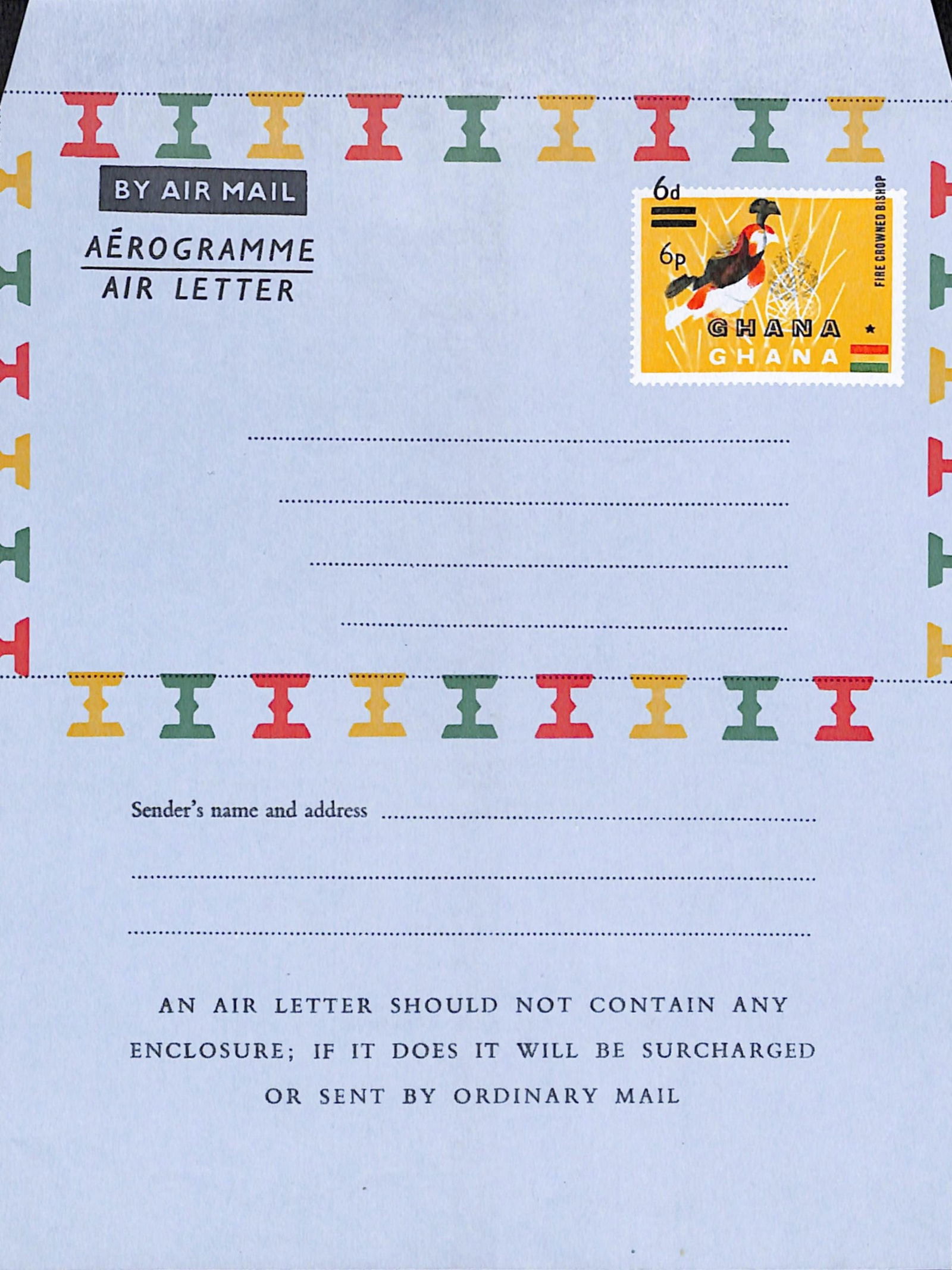 Ghana 1965: Title: Ghana 1965 Description: 6p on 6d Fire-crowned Bishop Bird aerogramme Higgins and Gage 7c watermark Z with dramatic shift of black by 1/4inch (6mm) affecting Bishop Bird, title, Ghana