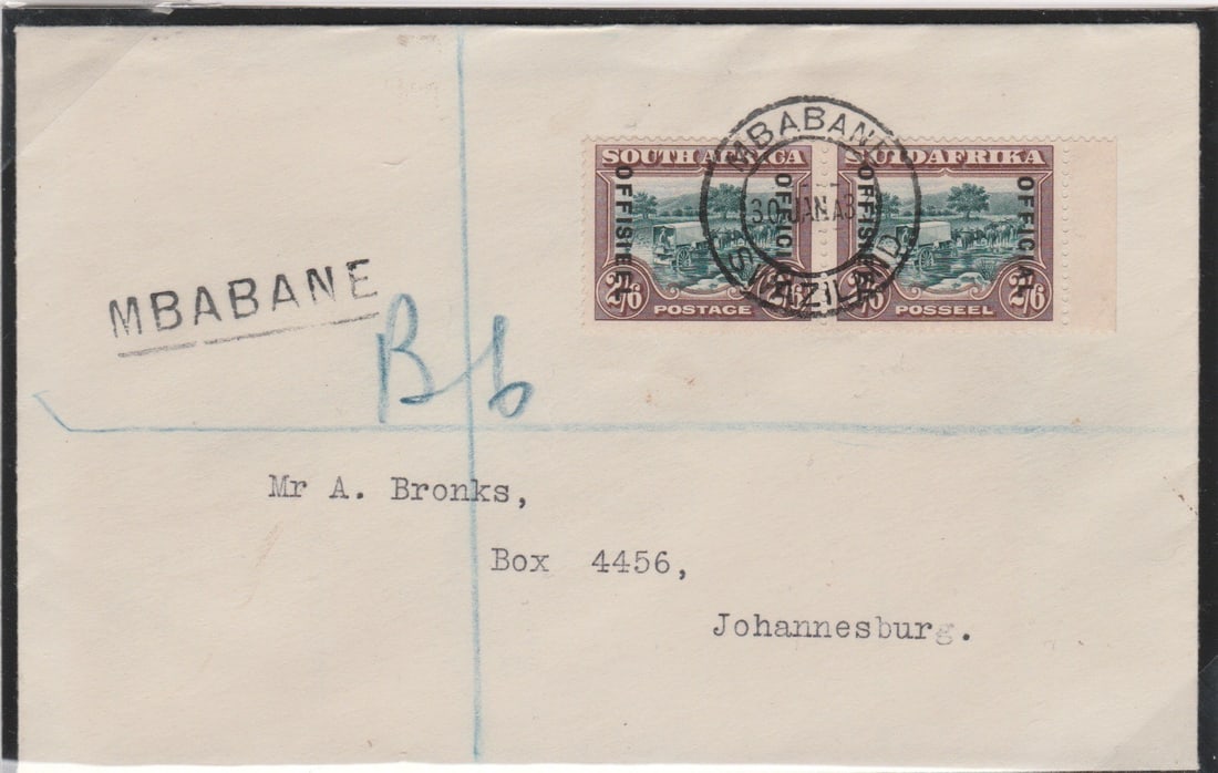 Swaziland 1933: Title: Swaziland 1933 Description: Registered cover from Mbabane postmarked 30 January 1933 bearing pair of 2s/6d Union of South Africa official stamps SG O18. <