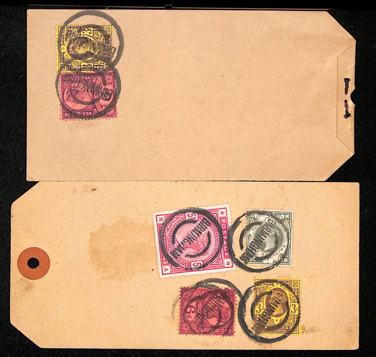 G.B. - Surface Printed 1892: Title: G.B. - Surface Printed 1892 Description: Tie-on address tag sent from Birmingham to Bermuda franked 3d, 6d, 1l- and 5l- paying a 6/9 rate, a scarce postal use of the 5/- stamp.<