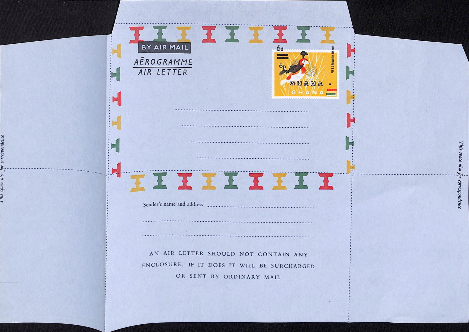 Ghana 1965: Title: Ghana 1965 Description: 6p on 6d Fire-crowned Bishop Bird aerogramme Higgins and Gage 7c watermark Z with dramatic shift of black by 1/4inch (6mm) affecting Bishop Bird, title, Ghana