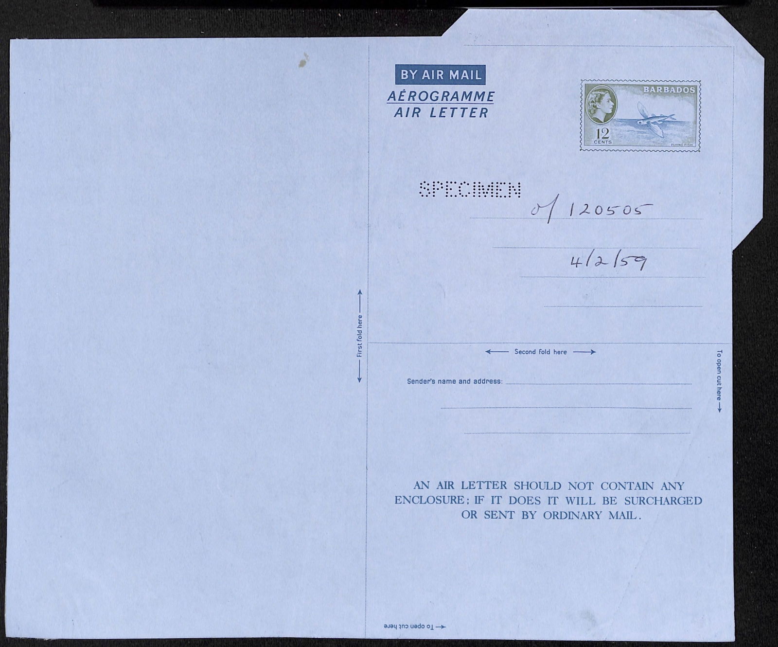 Barbados 1959: Title: Barbados 1959 Description: 12c Flying Fish Airletter perforated specimen with watermark letter 'M' and order of 4.2.1959 ex the archives of printer's Bradbury Wilkinson. </