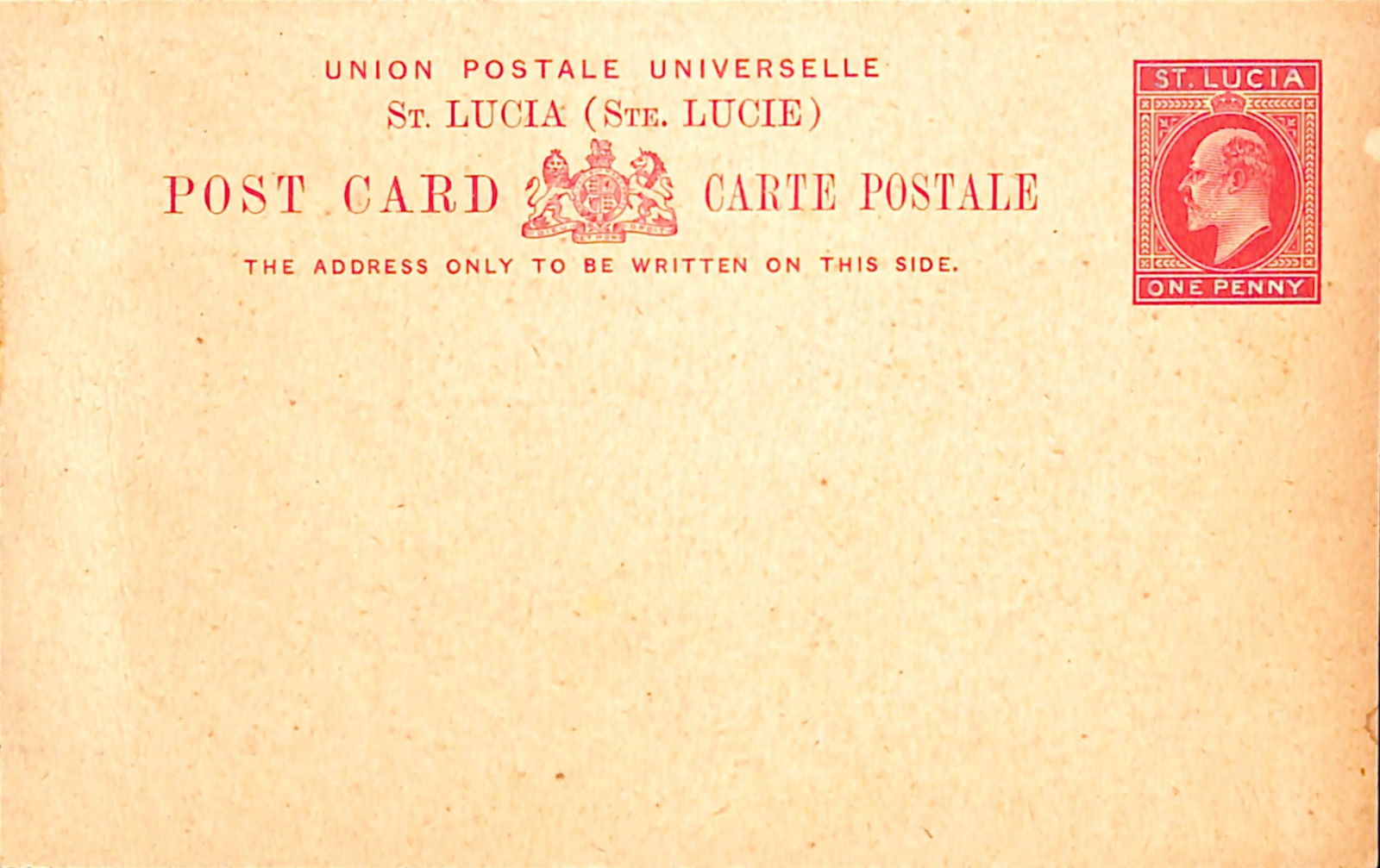 Saint Lucia 1901: Title: Saint Lucia 1901 Description: De La Rue Postal Stationery ESSAY for the King Edward VII 1d Post Card with name and value tablets hand-painted in Chinese white.Ê The card was affixed