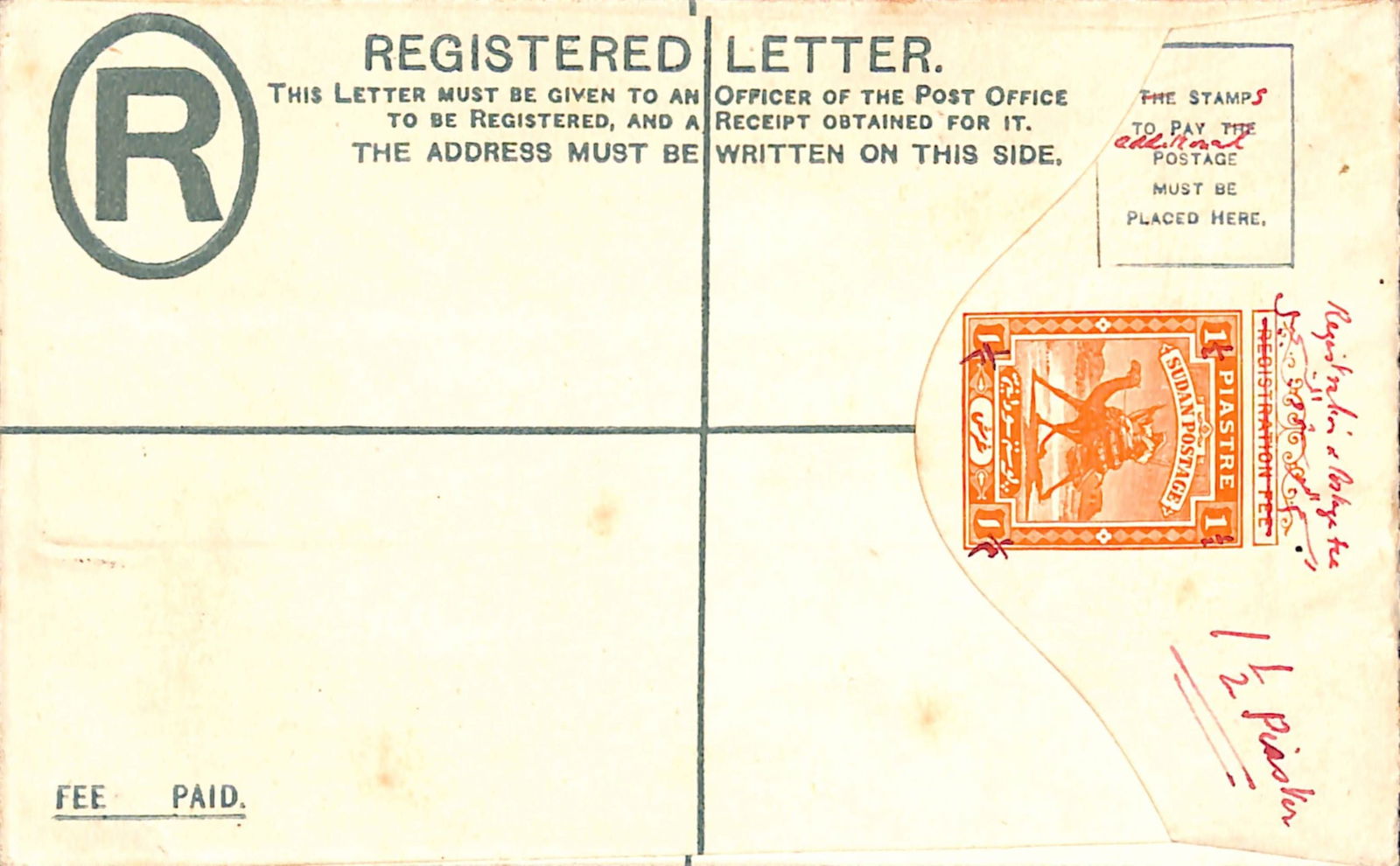 Sudan 1908: Title: Sudan 1908 Description: 1pi Registration envelope, essay colour trial the stamp printed in orange, the colour adopted for the 11/2 envelope.Ê EndorsedÊ "11/2" piastre with the