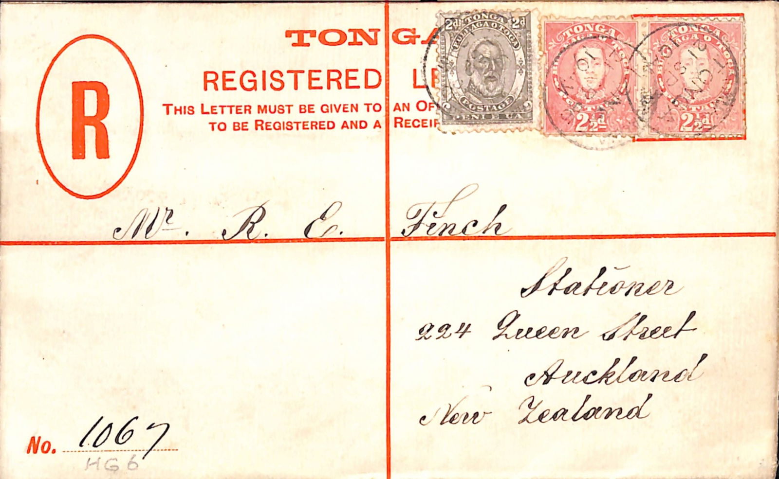 Tonga 1895: Title: Tonga 1895 Description: 4d Registration Envelope size G (H&G. 6) addressed to Auckland with 1892 2d, 1895 2.1/2d pair tied by Nukualofa c.d.s. (21 Sep), backstamped on arrival (27