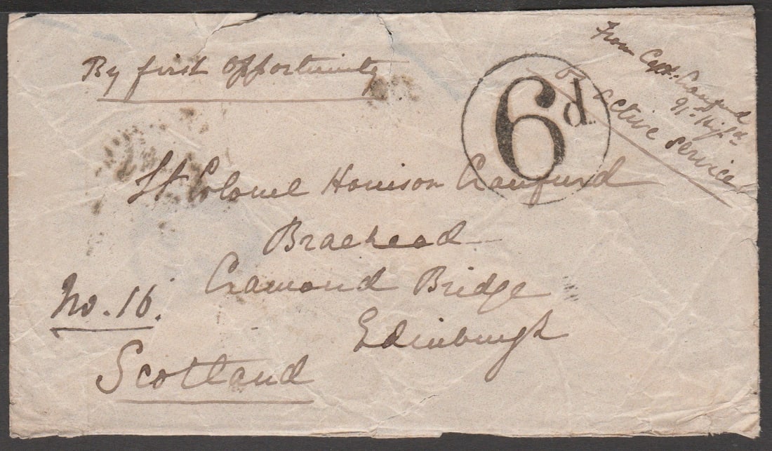 Zululand - Zulu War 1879 (June 23): Title: Zululand - Zulu War 1879 (June 23) Description: Stampless cover (edge faults) to Scotland, endorsed "From Capt. Craufurd, 91st Highld, On active Service" with a circular framed "6d"