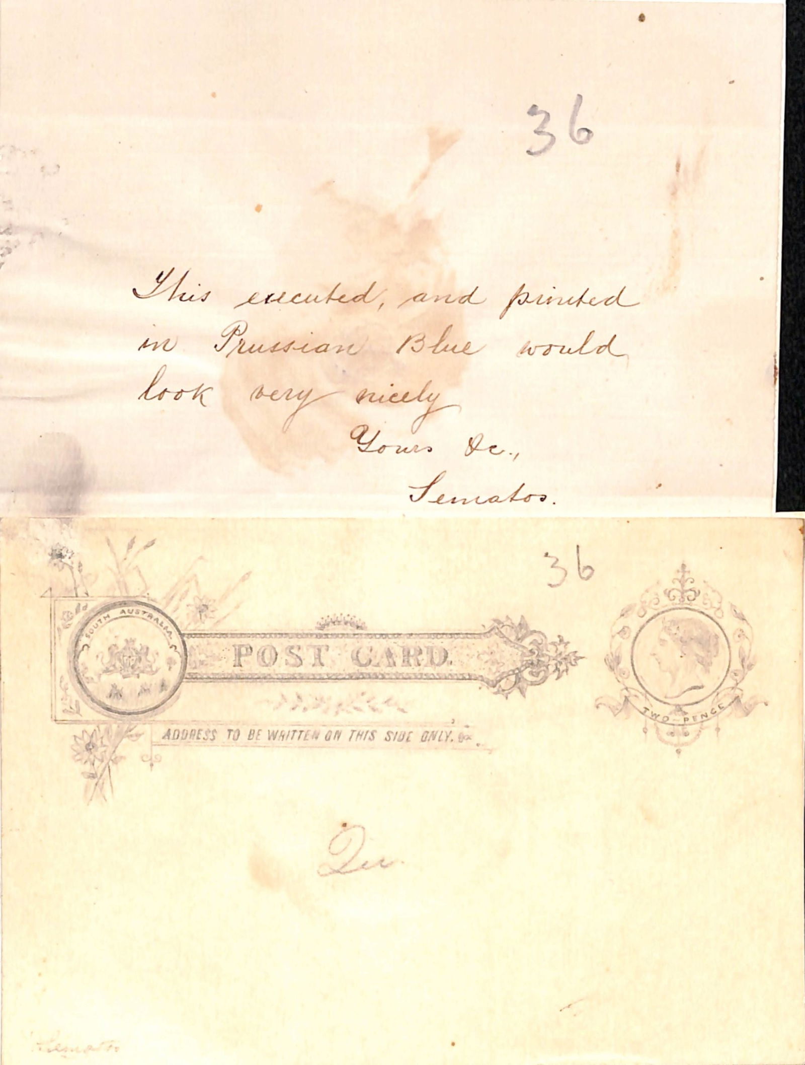 South Australia 1891-9: Title: South Australia 1891-9 Description: Competition Essays - 2d Post Card design, beautifully drawn in pencil, stamp with Queen's head to left in circle, fancy legend and Royal Arms at right,