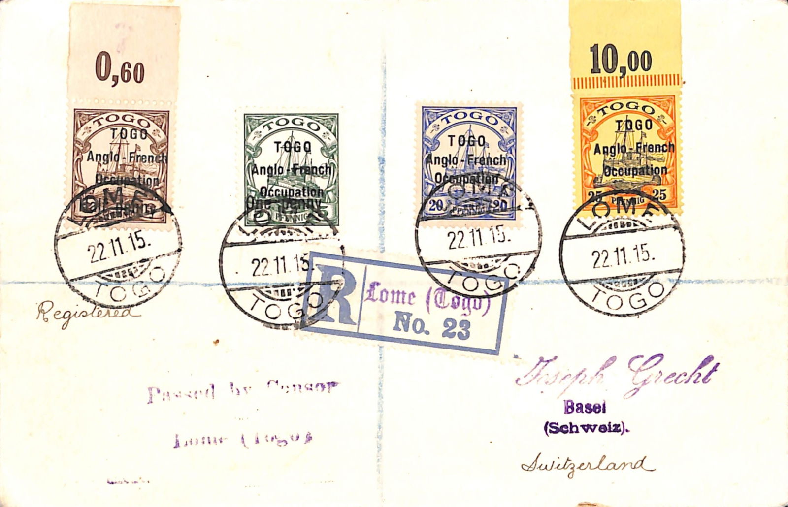 Togo 1915: Title: Togo 1915 Description: Registered censored cover to Switzerland with Anglo French Occupation 3mm apart 25pf top marginal, 1/2d on 3pf - thin "y" in "penny", 1/2d on 5pf, 2mm apart 20pf,