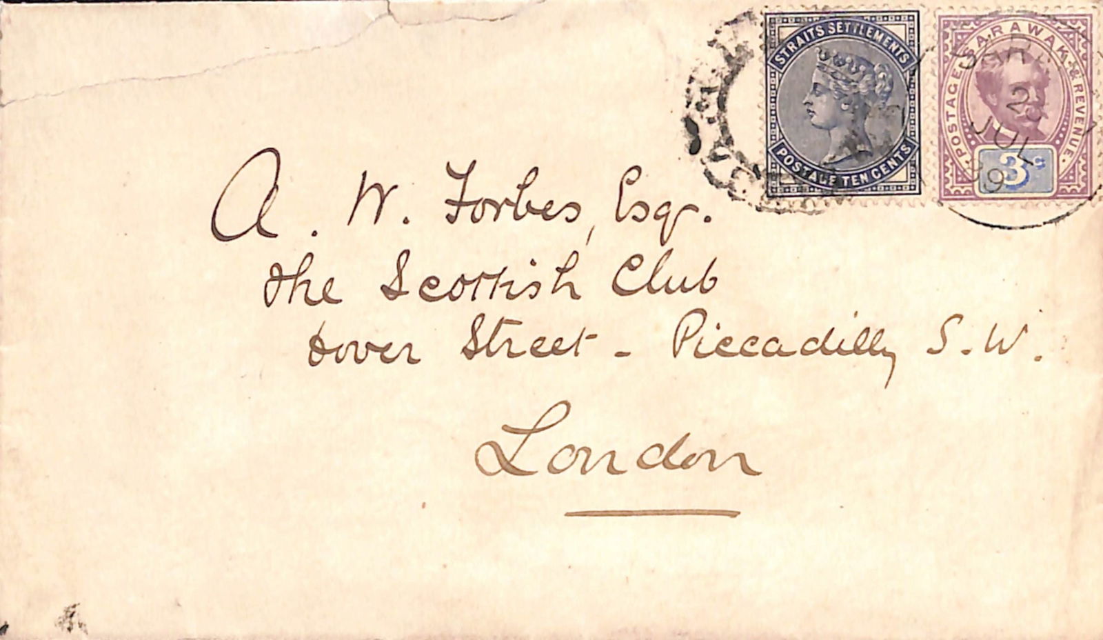 Sarawak / Straits Settlements 1889: Title: Sarawak / Straits Settlements 1889 Description: Cover to London franked by Sarawak 1888 3c purple and blue paying the postage to Singapore, in combination with Straits Settlements 1882