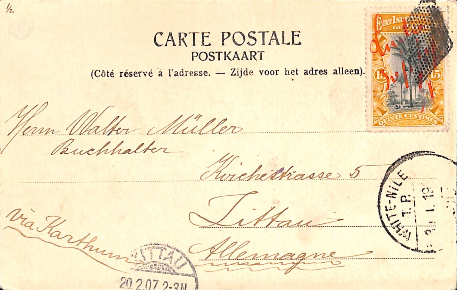 Sudan/Belgian Congo - The Lado Enclave 1907: Title: Sudan/Belgian Congo - The Lado Enclave 1907 Description: Picture Post Card to Germany with a message written from Dungu, in the Uele Province, with a 15c Belgian Congo stamp can