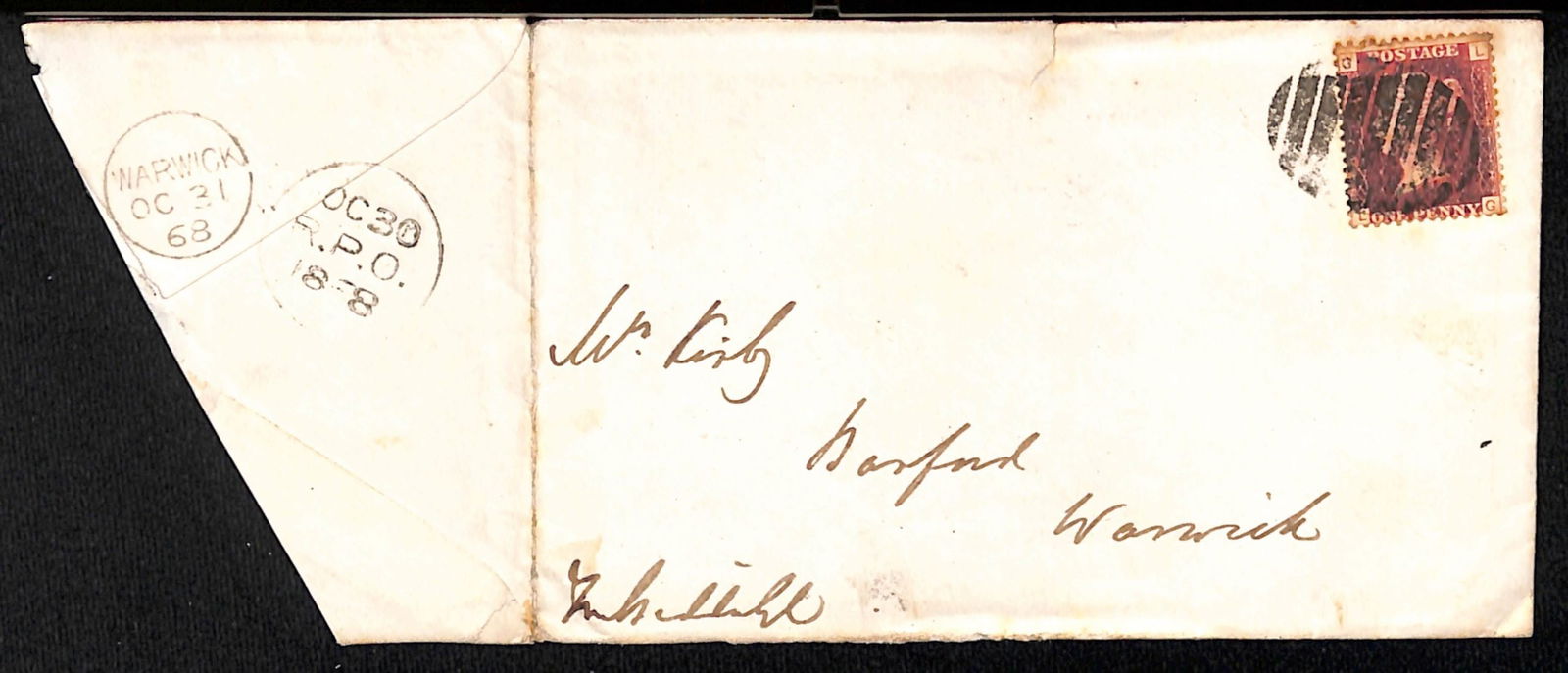 G.B. - Travelling Post Offices 1868: Title: G.B. - Travelling Post Offices 1868 Description: Cover (reverse partly missing; partly opened out to display backstamps) with 1d red cancelled by dumb upright oval of horizontal