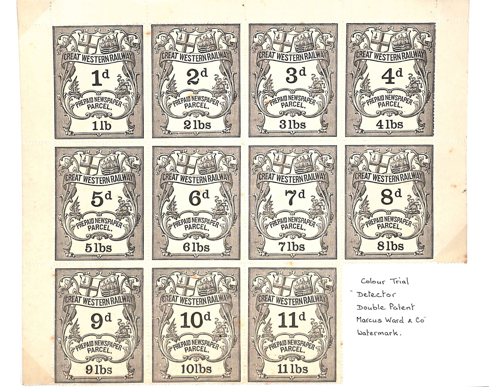 G.B. Railways c.1870: Title: G.B. Railways c.1870 Description: Great Western Railway newspaper parcel stamps - 11 colour trials in black in a se-tenant marginal block.Ê All on watermarked paper 'Detector Double