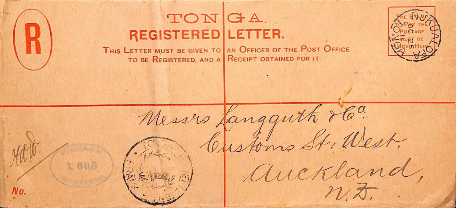 Tonga 1910: Title: Tonga 1910 Description: 4d red Postal Stationery Registration Envelope size H2 (fold at left, part of flap missing, not affecting 'stamp') used to New Zealand, stampless, bearing the