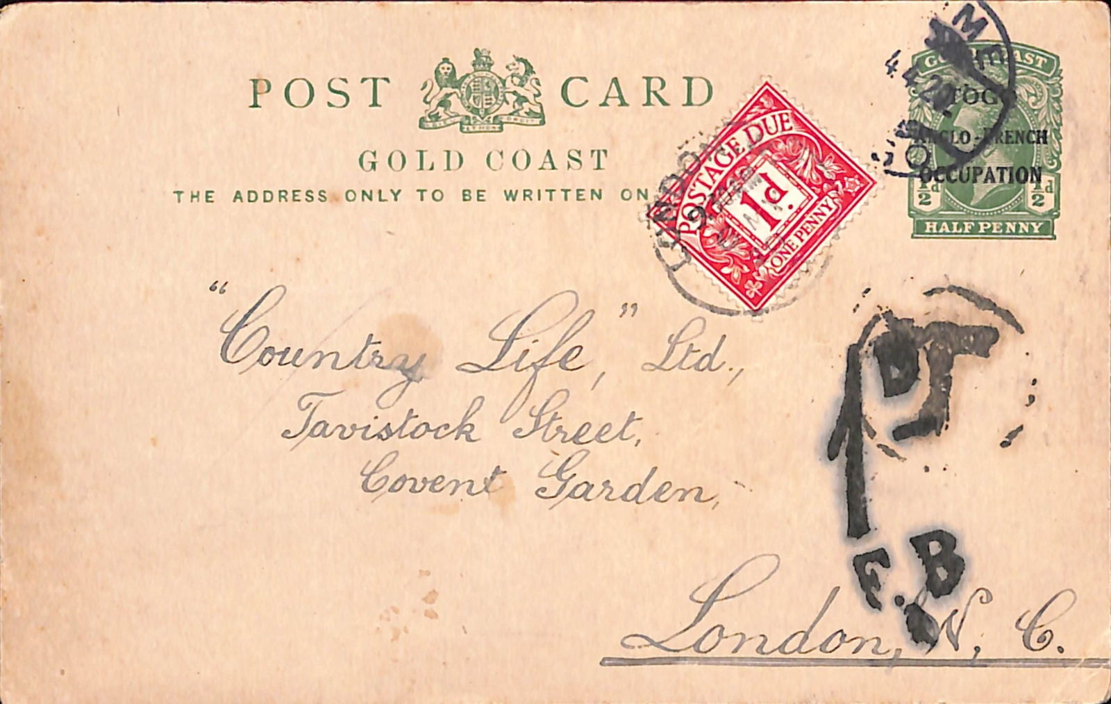 Togo 1920: Title: Togo 1920 Description: Gold Coast 1/2d postal stationery post card overprinted "TOGO / ANGLO-FRENCH / OCCUPATION" addressed to "Country Life" magazine London with incomplete Lome cds (4