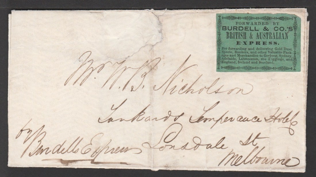 Victoria 1855: Title: Victoria 1855 Description: Entire (repaired tear, file fold) addressed to "Mr W.B. Nicholson, Tankards Temperance Hotel, Lonsdale St, Melbourne" and endorsed "by Burdells Express",