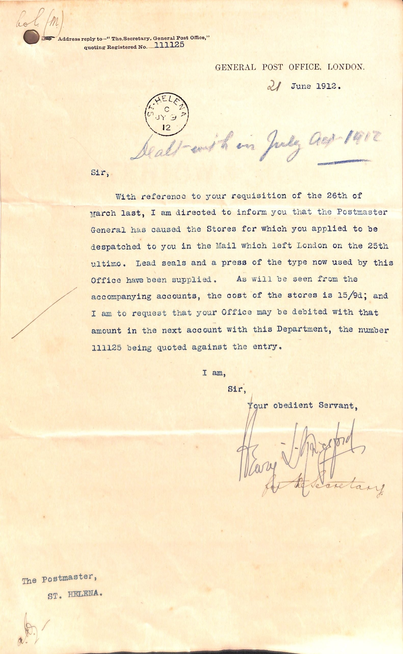 Saint Helena 1912: Title: Saint Helena 1912 Description: Fascinating group of 5 items concerning the request by the St. Helena Postmaster for stores items to be supplied.Ê The suppliers include Waterlow &
