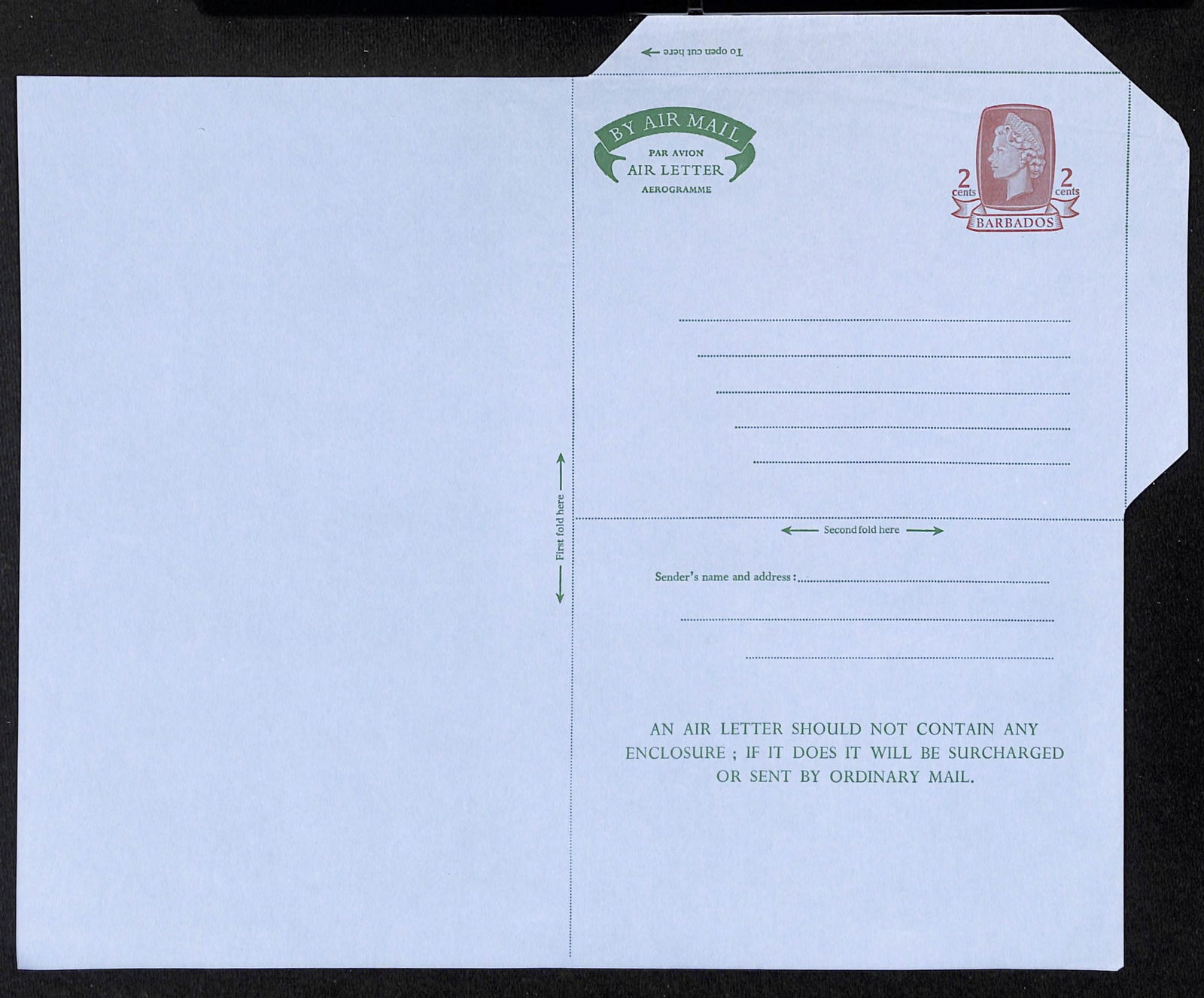 Barbados 1971: Title: Barbados 1971 Description: Aerogramme: Unadopted 2c Essay in green on blue ungummed airmail paper, with brown 'stamp' impression, from the printer's archive.