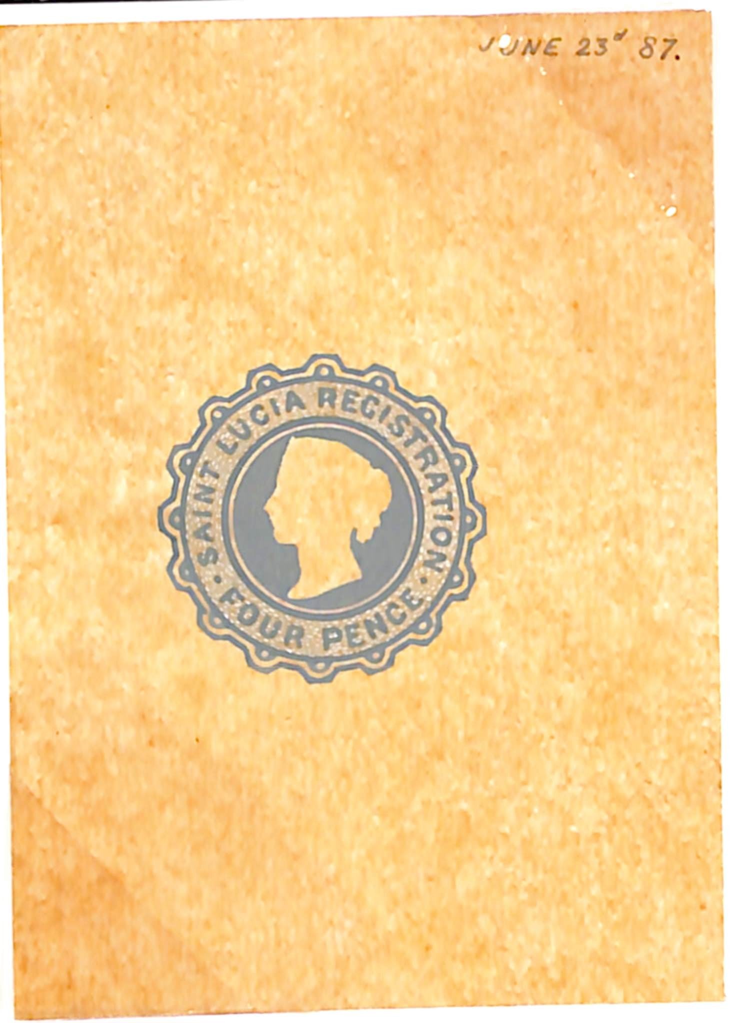 Saint Lucia 1887: Title: Saint Lucia 1887 Description: De La Rue Postal Stationery hand-painted Artist's Essay of a proposed 4d Registration stamp, well executed in grey and white on brown tracing paper, dated