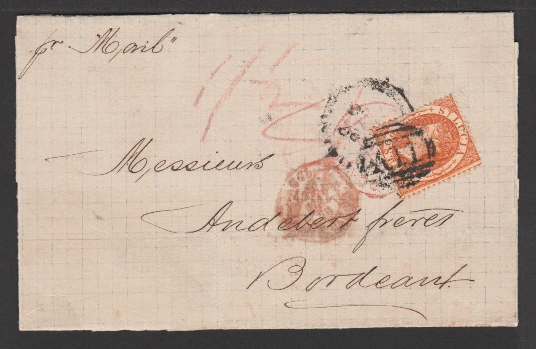 Saint Lucia 1878: Title: Saint Lucia 1878 Description: Entire (rebacked) from Castries to Bordeaux franked 1876 perf 14 1/- orange unusally applied over the "ST LUCIA" double arc datestamp, the stamp th