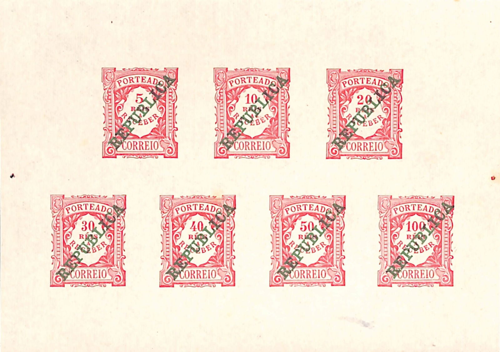 Portugal 1911: Title: Portugal 1911 Description: Composite Die Proof (tiny thin in margin) of the 5r to 100r postage dues in carmine with "REPUBLICA" overprint in green on gummed wove paper.Ê A scarce