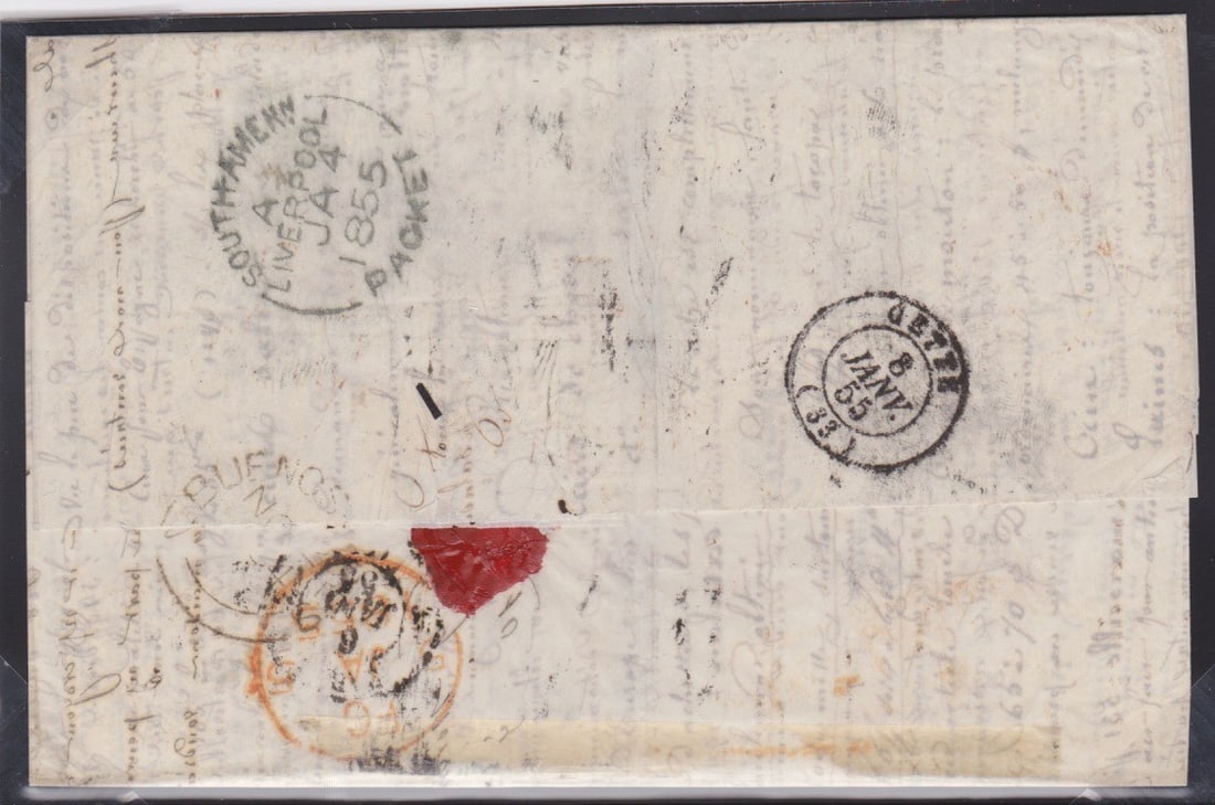 G.B. - Ship Letters - Liverpool 1854: Title: G.B. - Ship Letters - Liverpool 1854 Description: Entire letter from Buenos Ayres to France with British P.O. backstamp and superb "SOUTH AMERN / A / LIVERPOOL / JA 4 / 1855 / PACKET"