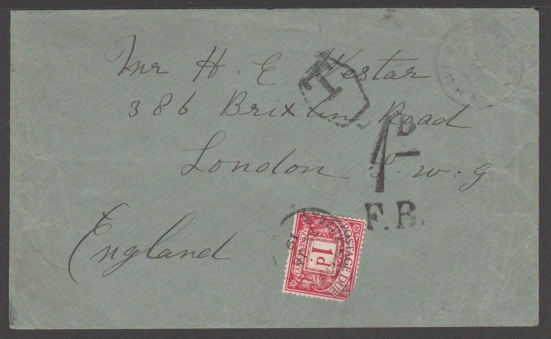 Tristan Da Cunha 1918: Title: Tristan Da Cunha 1918 Description: Stampless cover to London with type I "TRISTAN / DA / CUNHA" cachet in violet, handstamped "T" with a 1d charge mark applied in the London Foreign