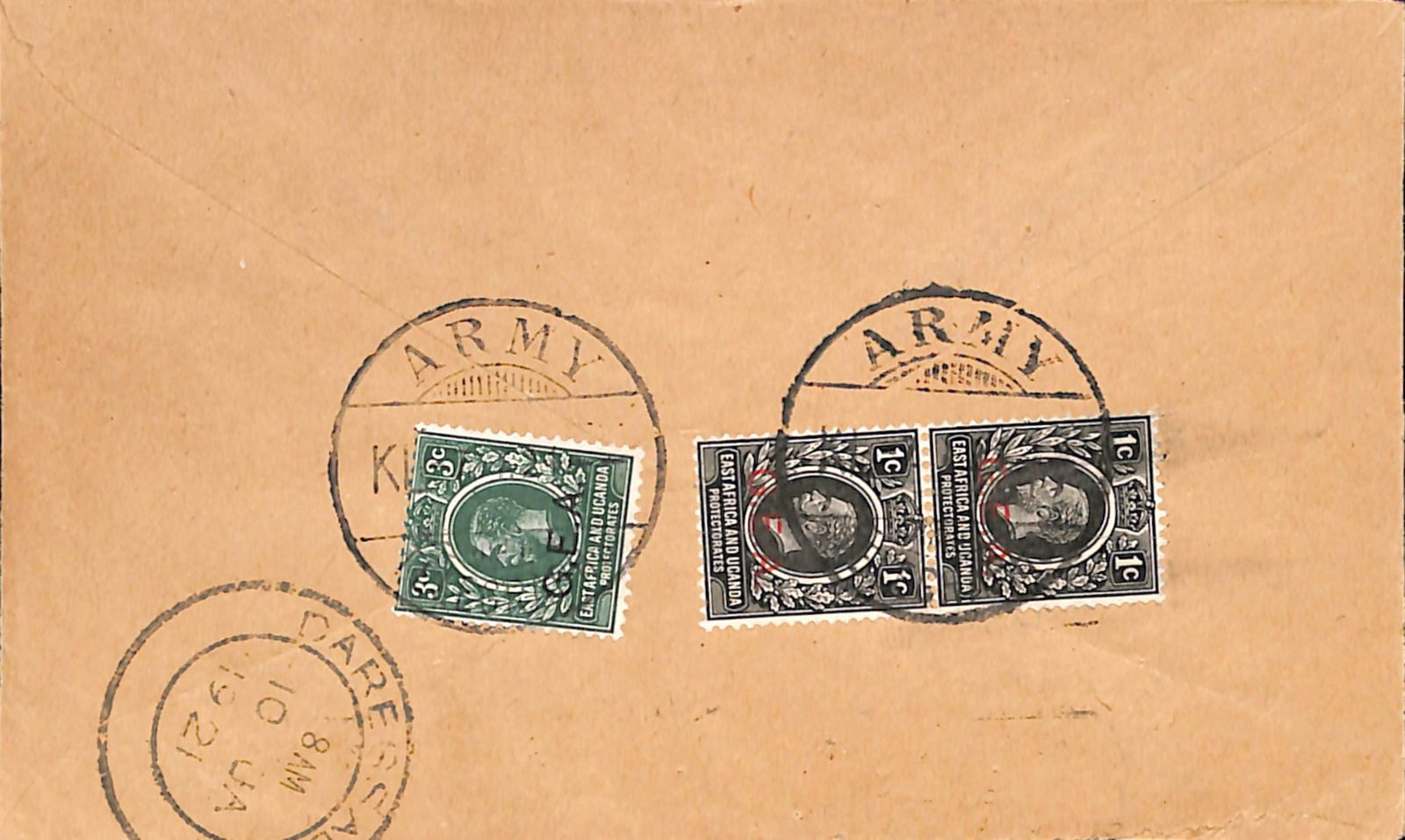 Tanganyika 1921 (Jan. 7): Title: Tanganyika 1921 (Jan. 7) Description: Cover to England bearing G.E.A 1c strip of four on the front and 1c pair + 3c on the reverse all cancelled by "ARMY / TELEGRAPHS" datestamp with code