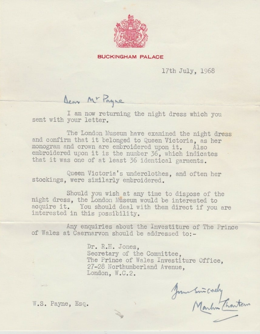 Royalty Queen Victoria's Nightdress 100% Cotton Embroidered CROWMN above VR No 36 being No 36 of - 12