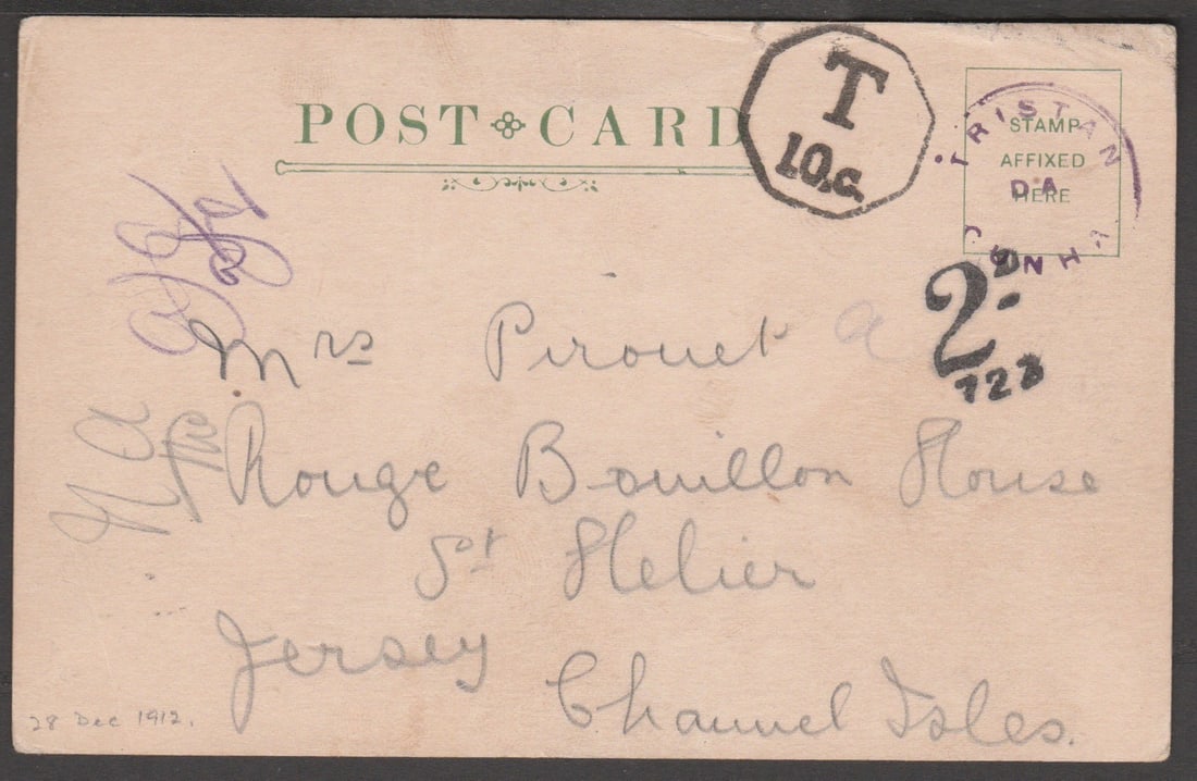Tristan Da Cunha 1912 (Dec 28): Title: Tristan Da Cunha 1912 (Dec 28) Description: Stampless postcard to the Channel Islands, written on the ship "Medway", the message including "we are hove to off Tristan da Cunha 76 days out