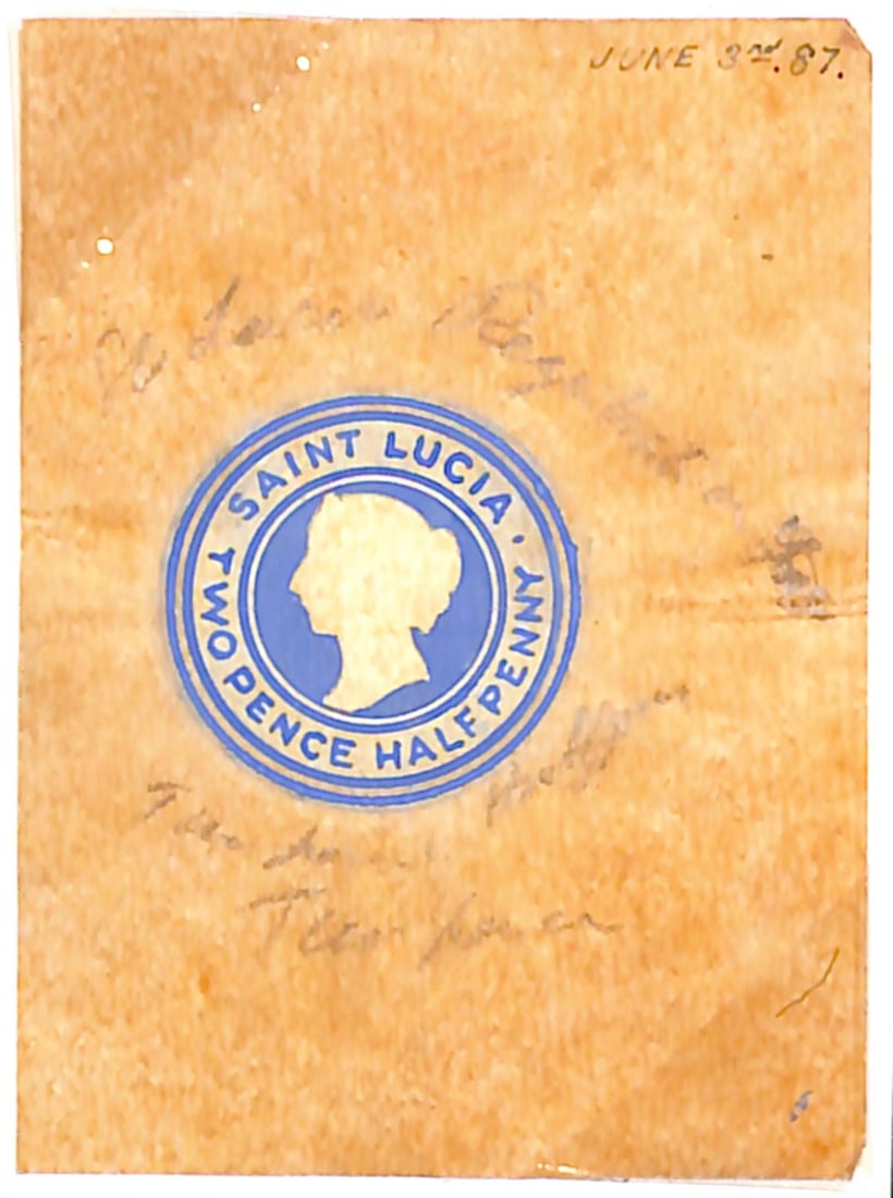 Saint Lucia 1887: Title: Saint Lucia 1887 Description: De La Rue Postal Stationery hand-painted Artist's ESSAY of a proposed 2.1/2d envelope stamp, well executed in blue and white on brown