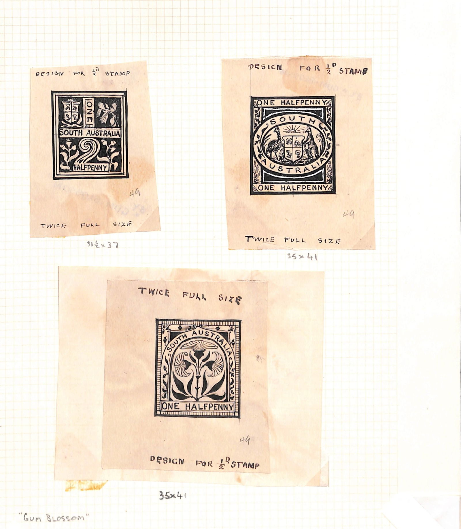 South Australia 1891-96: Title: South Australia 1891-96 Description: Competition Essays - Three different pen and ink designs (1/2d and 2 x 1d), one depicting Arms and two floral, each one marked "Twice full size" and