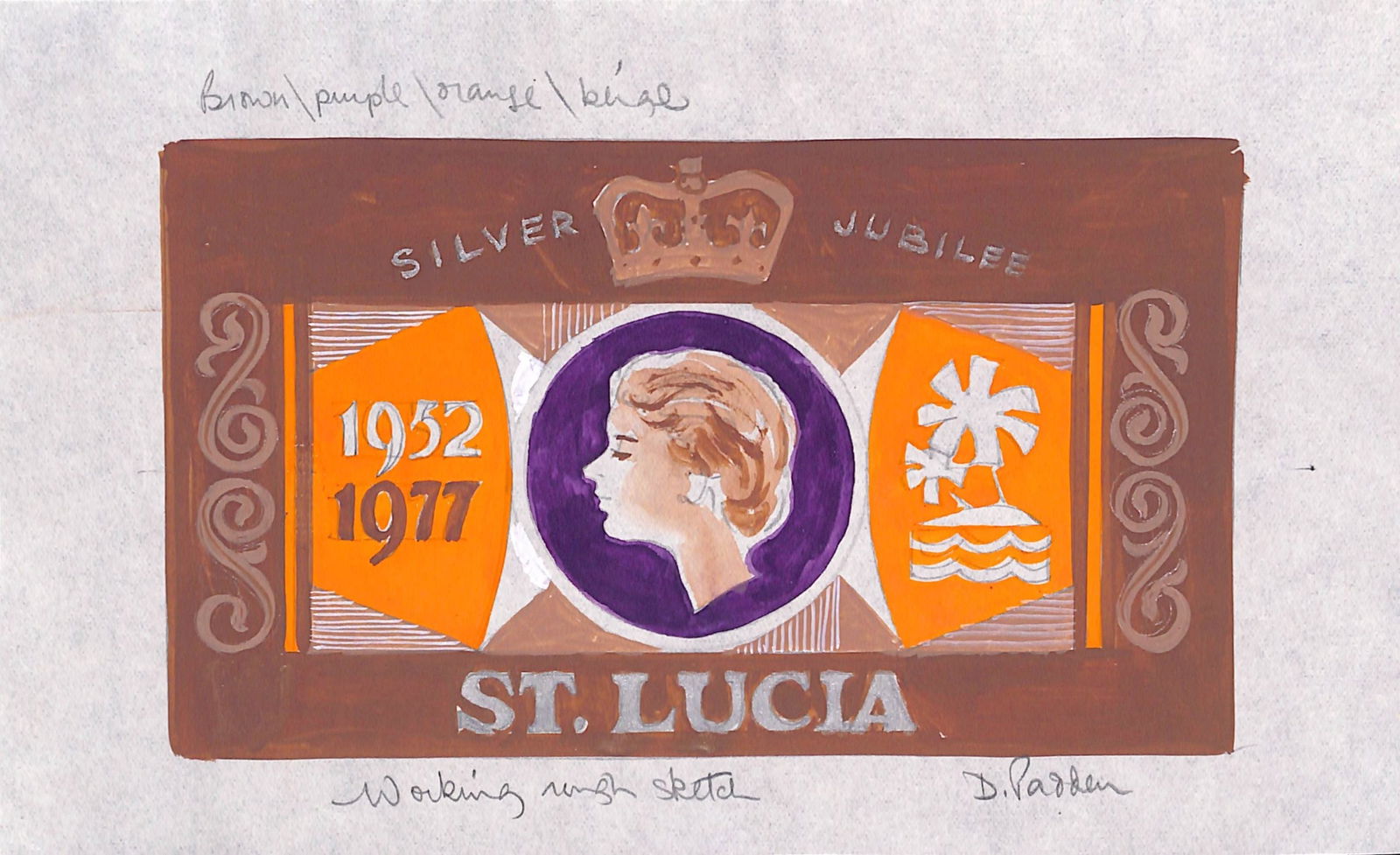 St Lucia: Title: St Lucia Description: 1977 Artist's hand-painted drawing of the issued design for the Queen Elizabeth II Silver Jubilee issue, by Daphne Padden, in watercolour on thin paper (22