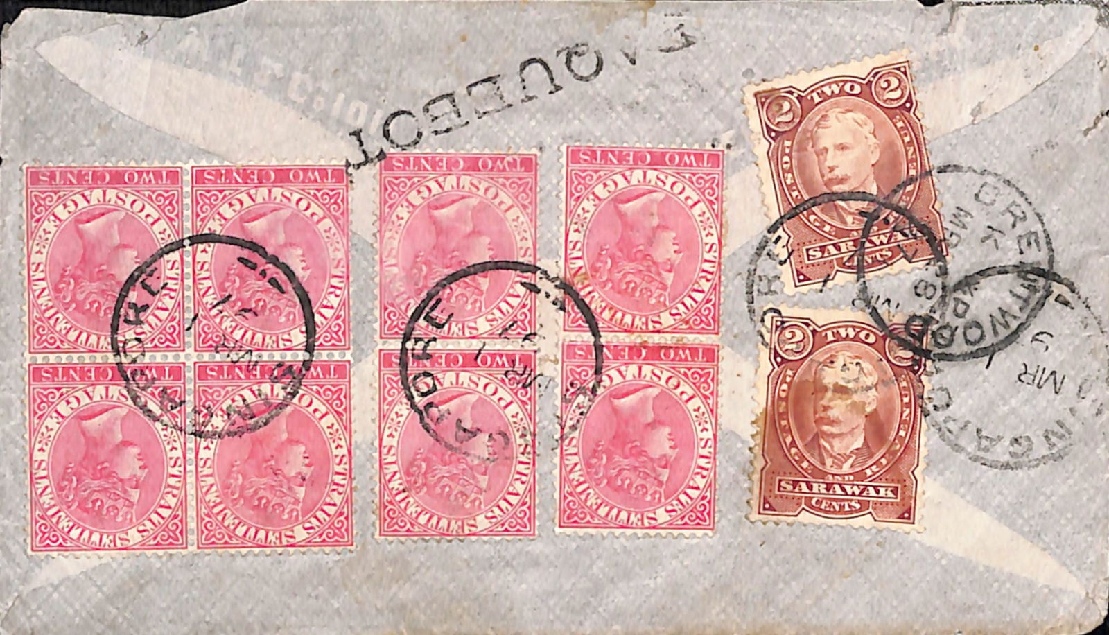 Sarawak / Straits Settlements 1897: Title: Sarawak / Straits Settlements 1897 Description: Combination Cover to England franked by Sarawak 1895 2c brown (two, one stained) and 1889 Straits Settlements 2c bright rose (eight, with