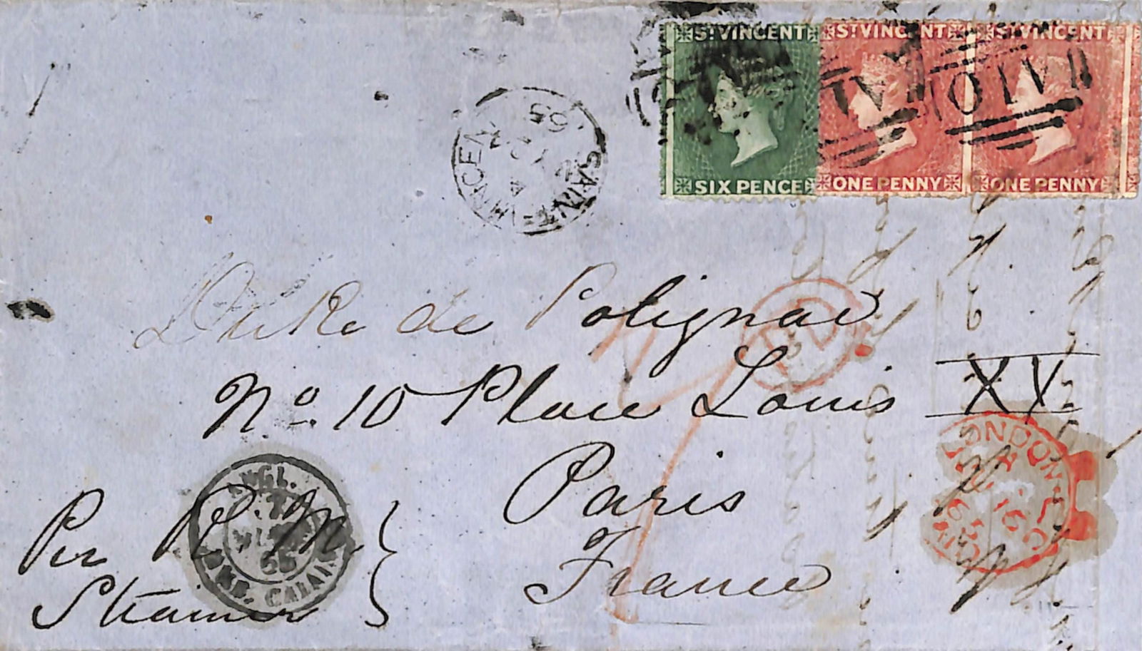 Saint Vincent 1865: Title: Saint Vincent 1865 Description: Entire to France bearing 1861 rough perf 1d rose-red pair (one affected by filing crease) and 1862 6d all cancelled by "A10" with "SAINT VINCENT" c.d.s.