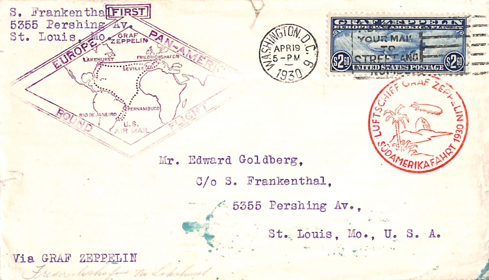 Zeppelins 1930: Title: Zeppelins 1930 Description: $2.60 blue used on cover from Washington to St. Louis carried on the first Europe Pan-America Round Flight with violet diamond cachet and red Zeppelin