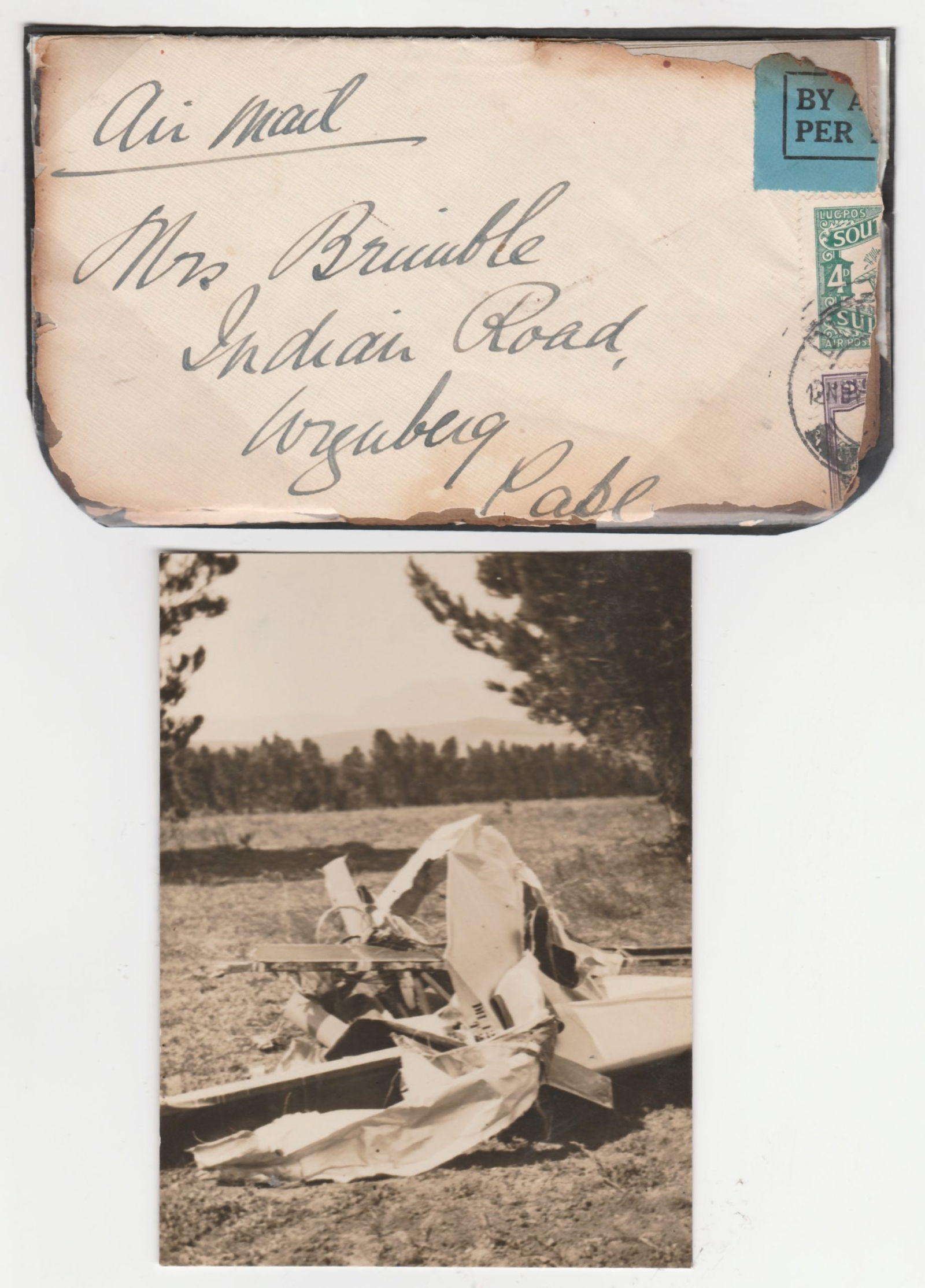 South Africa/Crash and Wreck 1931 (Nov. 13): Title: South Africa/Crash and Wreck 1931 (Nov. 13) Description: Air Mail cover from Durban to Wynberg with the remains of a 2d and 4d air stamp, severely burnt at the edges, with printed Dept.