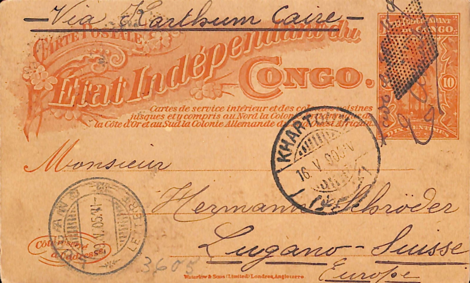 Sudan / Belgian Congo - The Lado Enclave 1905: Title: Sudan / Belgian Congo - The Lado Enclave 1905 Description: Belgian Congo 10c postal stationery Post Card written at Dungu on 12 April and forwarded to Lugano via Lado, where the