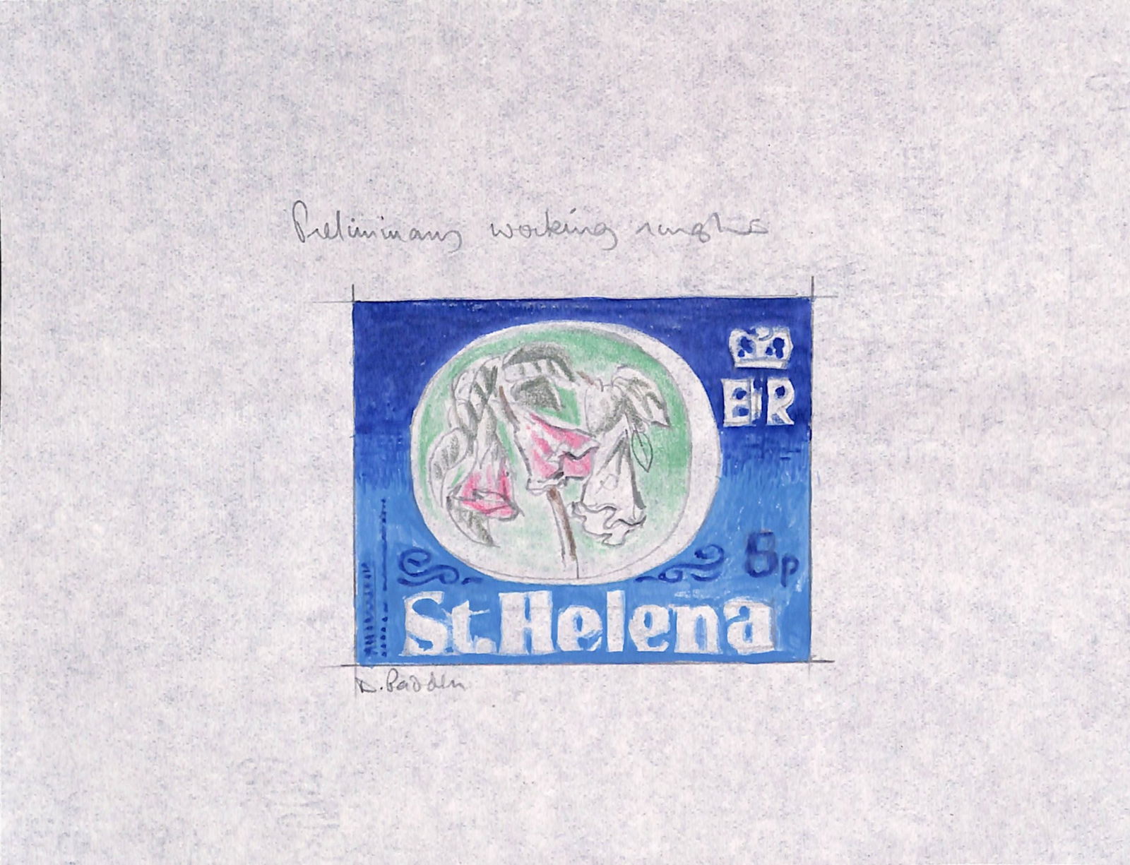 Saint Helena 1981: Title: Saint Helena 1981 Description: Endemic Plants - 5p Redwood - Original signed intermediate artwork incorporating colour suggestions approximating those adopted for the issued sta
