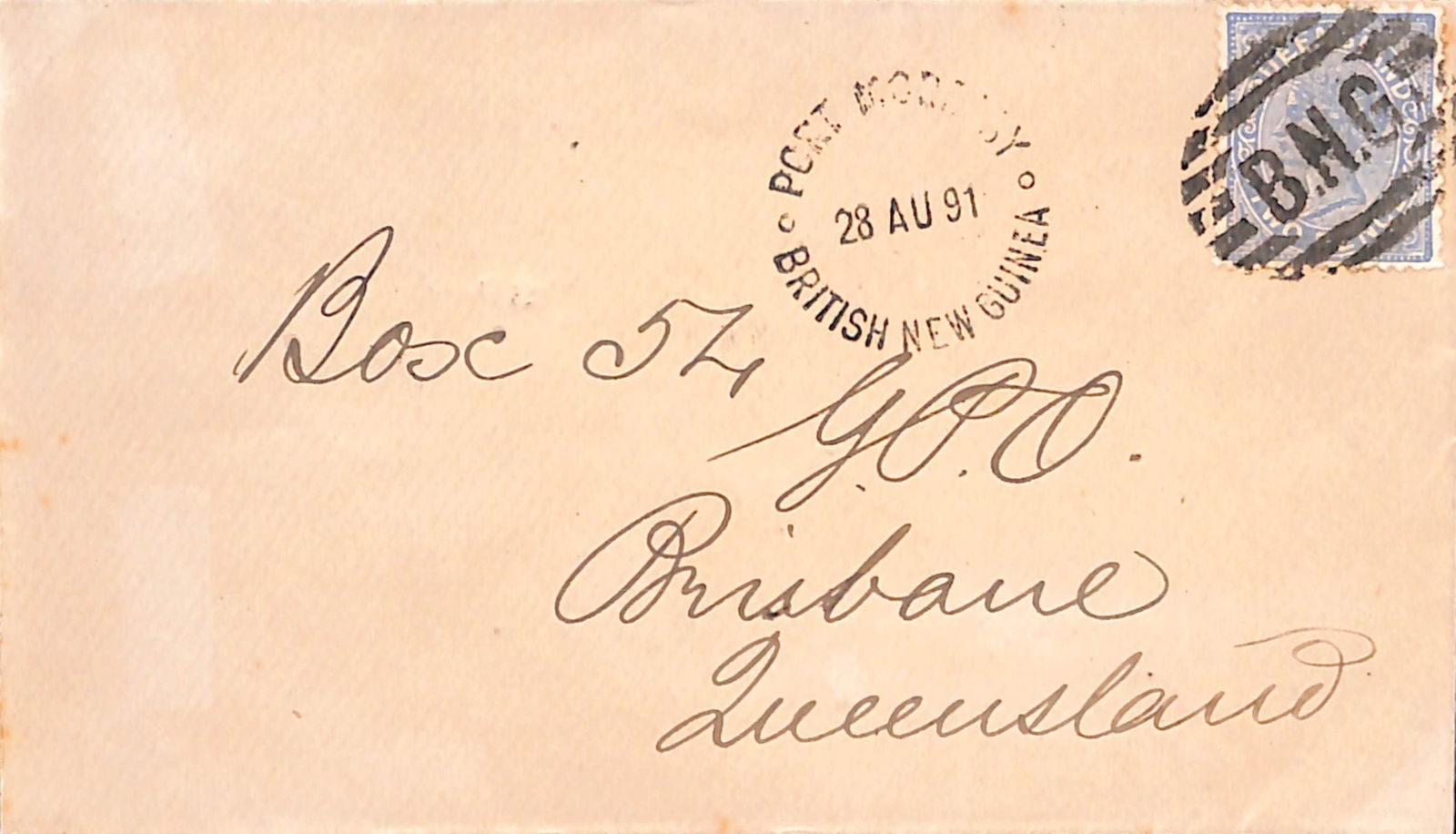 Papua and New Guinea 1891 (Aug. 28): Title: Papua and New Guinea 1891 (Aug. 28) Description: Cover to Brisbane franked by Queensland 2d cancelled "B.N.G." with "PORT MORESBY / BRITISH NEW GUINEA" datestamp alongside, backstamped at