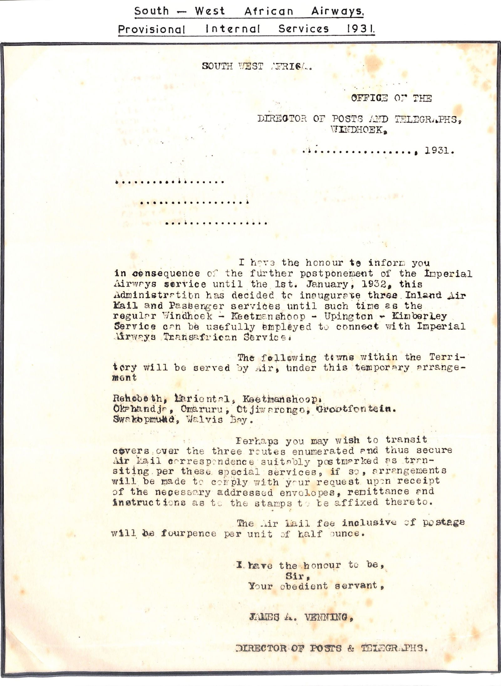 South West Africa 1931: Title: South West Africa 1931 Description: Post Office Letter announcing a temporary internal air service, to commence in August 1931, due to the postponement of the Imperial Airways Service