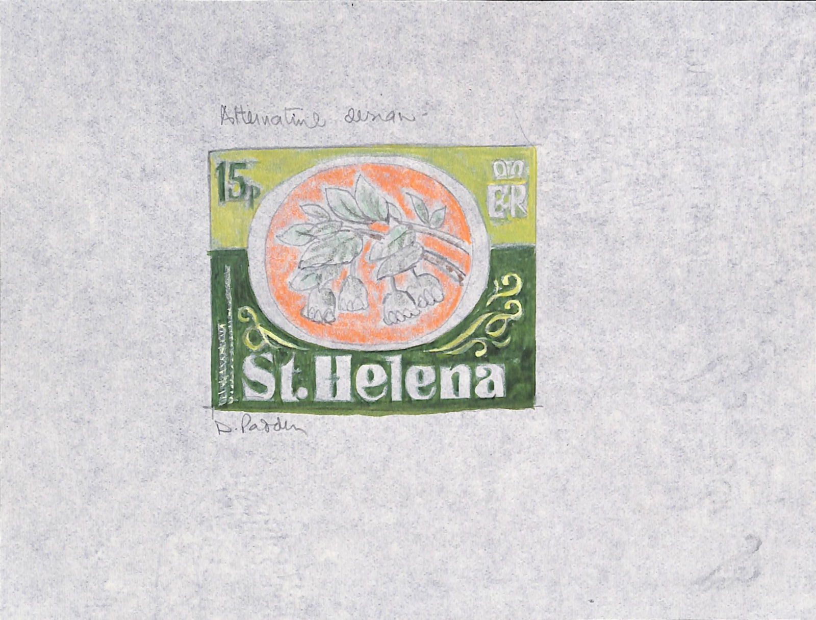 Saint Helena 1981: Title: Saint Helena 1981 Description: Endemic Plants - 15p Gumwood - Original signed intermediate artwork with frame design differing from the chosen design and incorporating colour suggestions