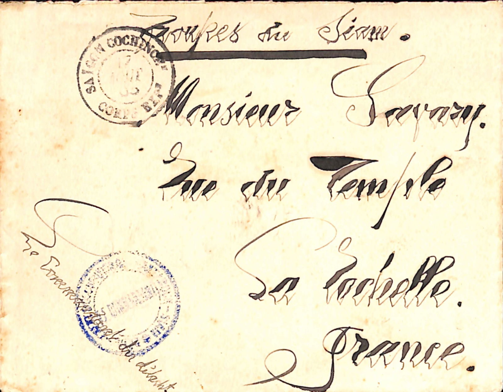 Siam 1903 (Aug): Title: Siam 1903 (Aug) Description: Envelope to France superscribed "Troupes du Siam" with blue double circle cachet "DETACHMENT D'OCCUPATION DE CHANTEBOON-SIAM/LE COMMANDANT" and doub