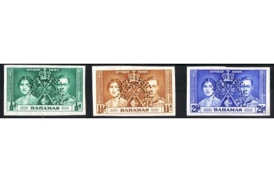 BAHAMAS 1937 George VI Coronation imperforate set of three on gummed watermarked paper each perfo... - 3