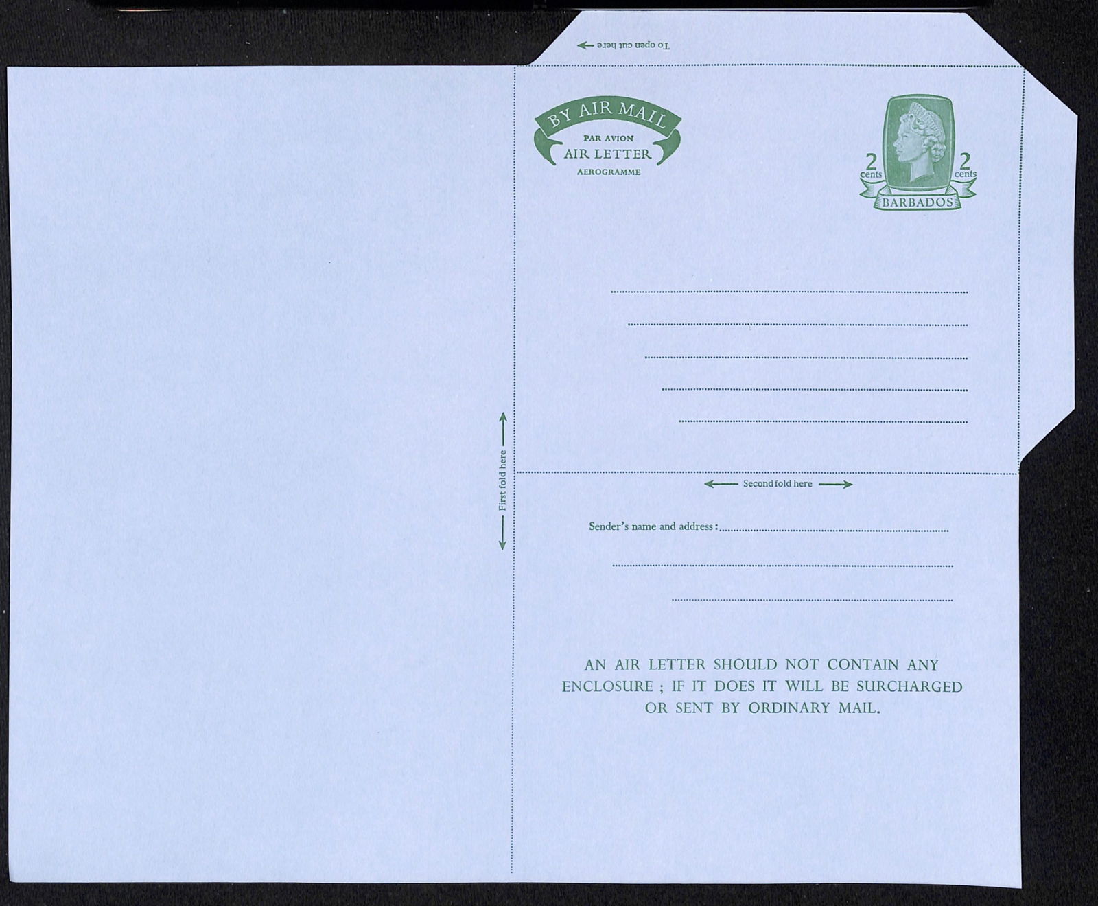 Barbados 1971: Title: Barbados 1971 Description: Aerogramme: Unadopted 2c Essay in green on blue ungummed airmail paper, with green 'stamp' impression, from the printer's archive. Delivery option: