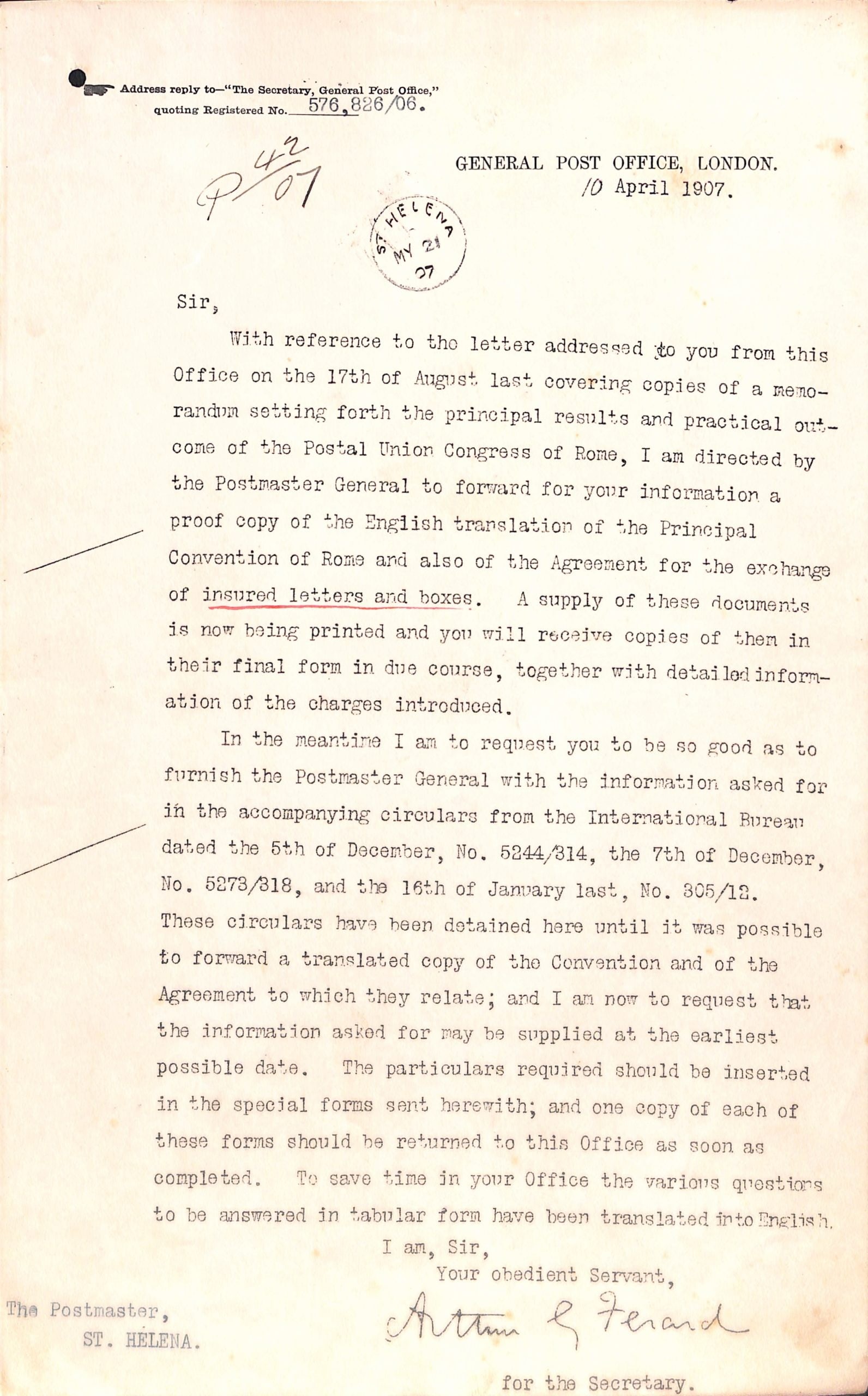 Saint Helena / Universal Postal Union 1907: Title: Saint Helena / Universal Postal Union 1907 Description: Fascinating (office copy) group of 4 items concerning a request to the St. Helena Postmaster from the London General Post Office