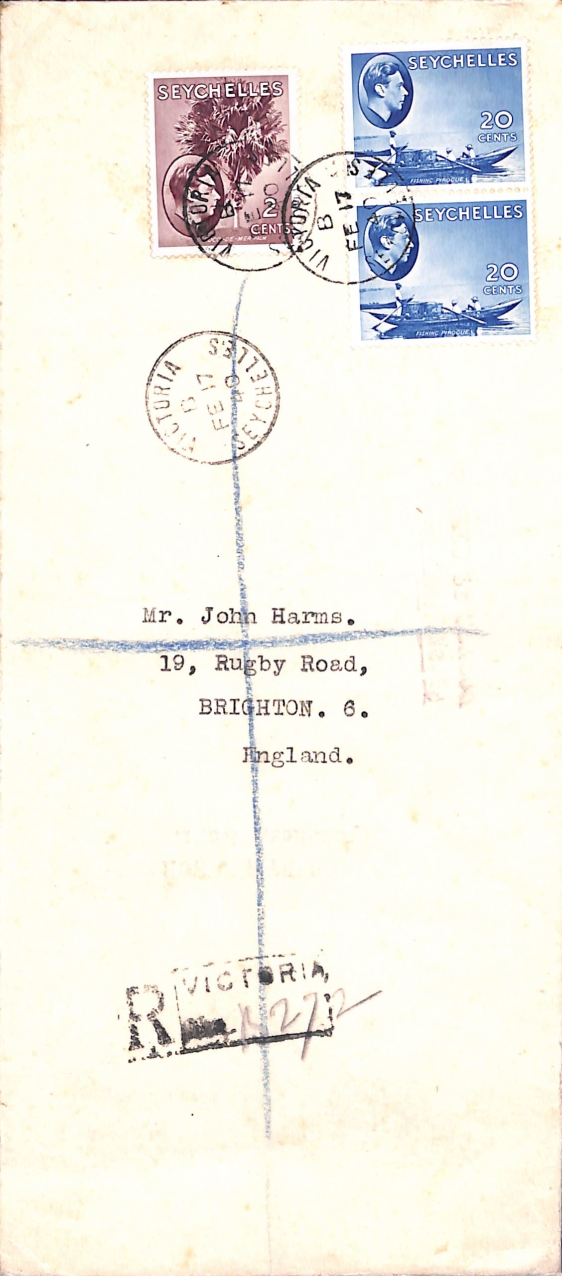 Seychelles 1940: Title: Seychelles 1940 Description: Civil Censorship Cover World War II Registered Cover with two handstamps of 'Passed by Censor Seychelles No 1' with the earliest date recorded.Ê Sent